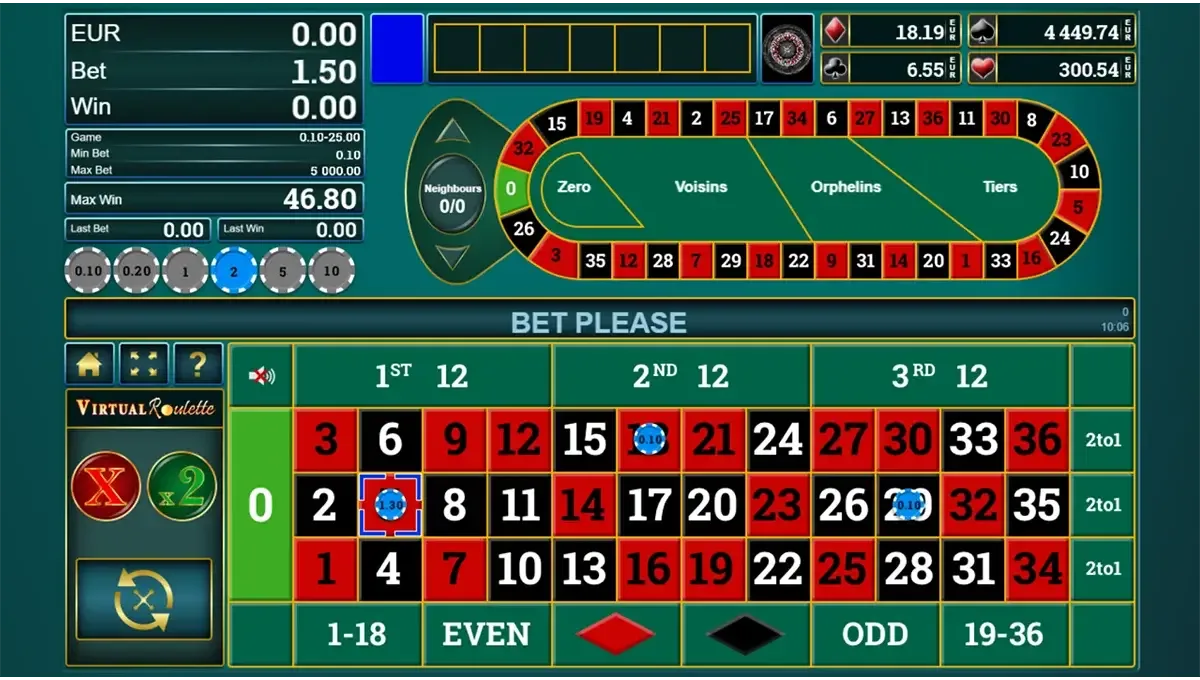 View of the Virtual Roulette table with number bets, clean interface and visible wheel
