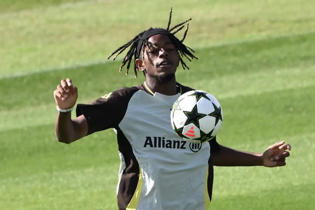 Juventus' Belgian forward #51 Samuel Mbangula takes part in a training session at  JTC Continassa in Turin on the eve of their League Phase, Matchday 1  of UEFA Champions League football match against PSV Eindhoven, on September 16, 2024.  MARCO BERTORELLO / AFP