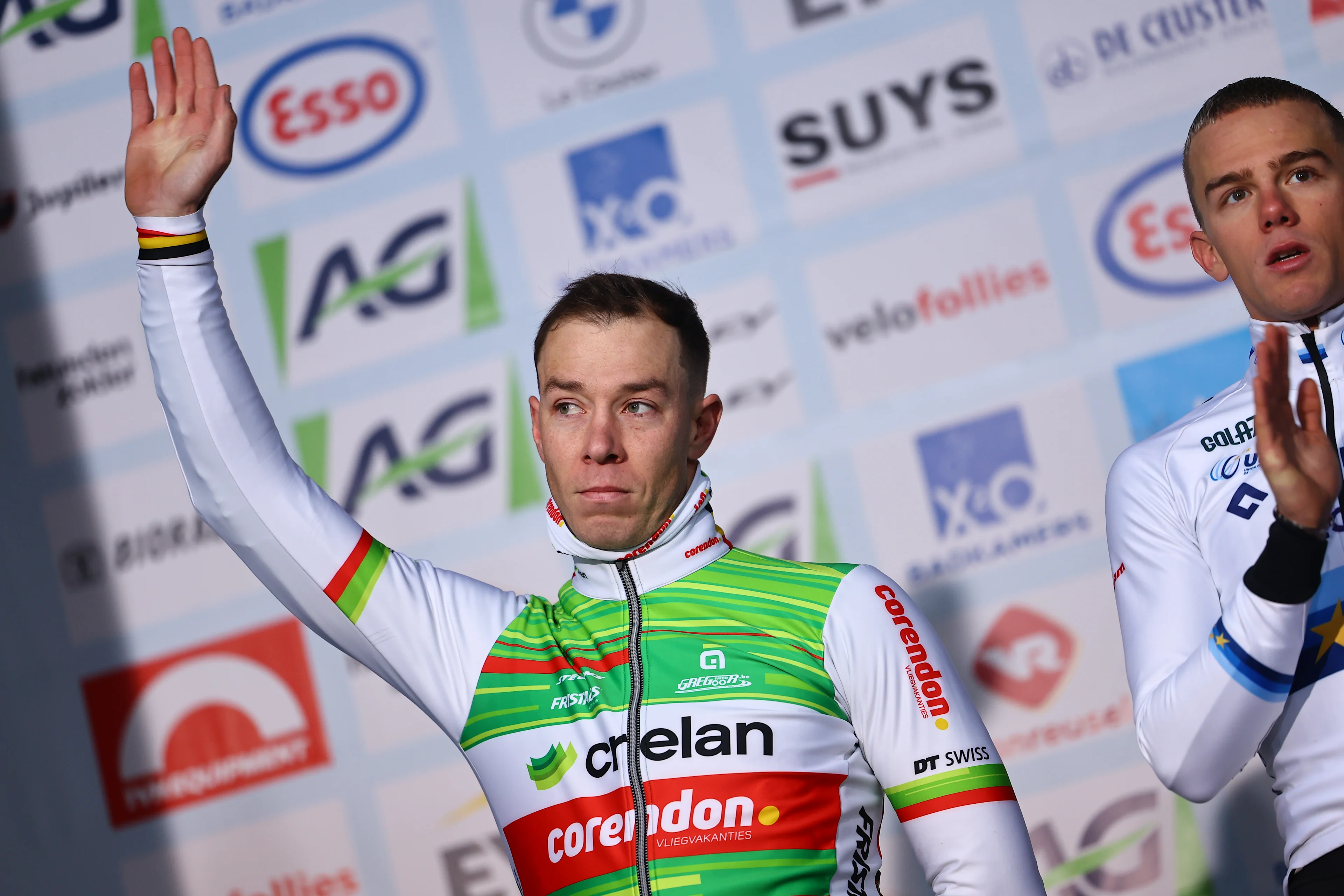 Belgian Laurens Sweeck and Belgian Thibau Nys pictured on the podium after the elite men race of the Belgian Cyclocross Championships (11-12/01) on Sunday 12 January 2025 in Heusden-Zolder. BELGA PHOTO DAVID PINTENS