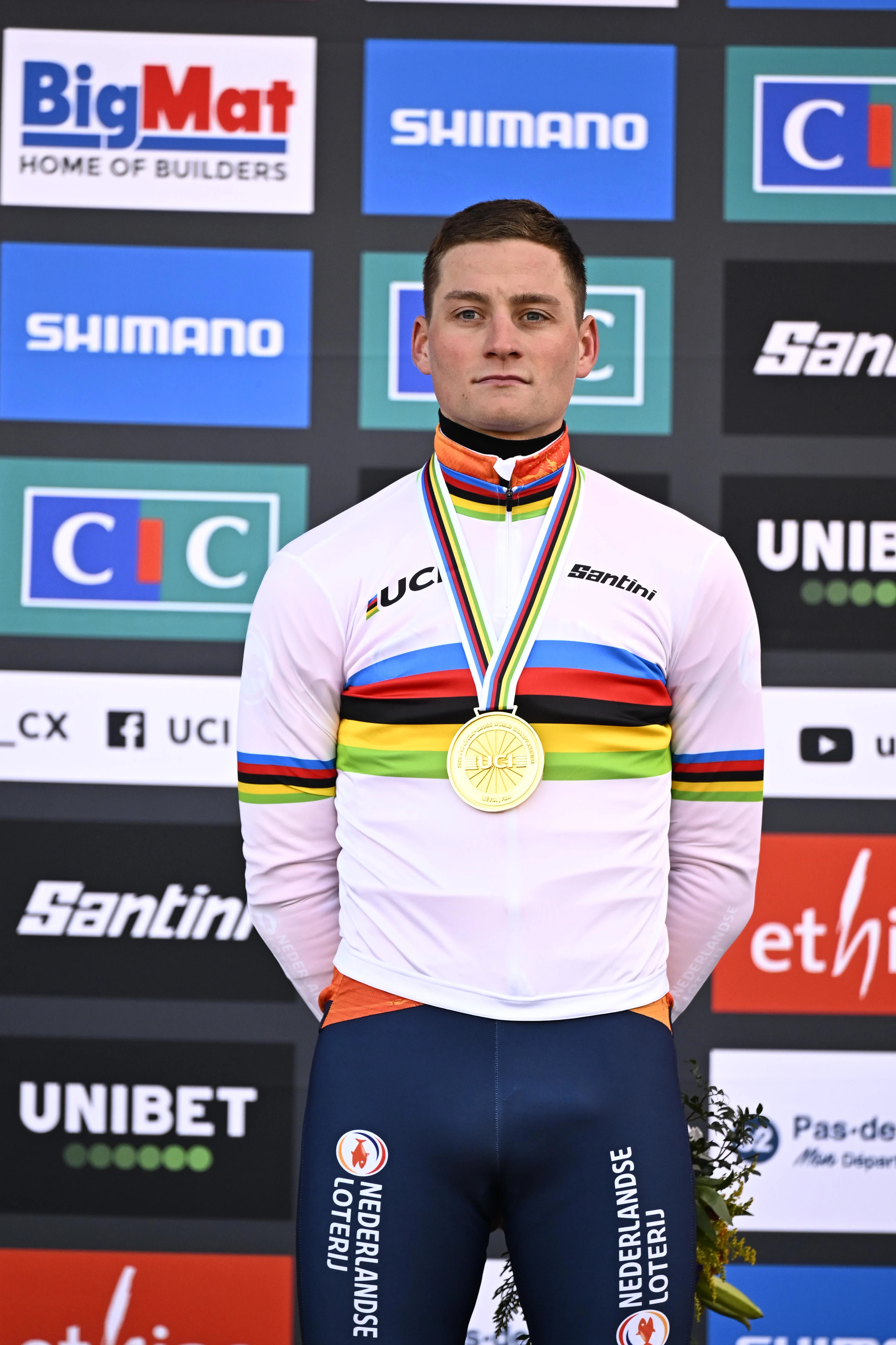 Dutch Mathieu Van Der Poel pictured on the podium after the elite men competition of the UCI cyclocross World Championship, in Lievin, France, Sunday 02 February 2025. The world championships are taking place from 31 January until 02 February. BELGA PHOTO JASPER JACOBS