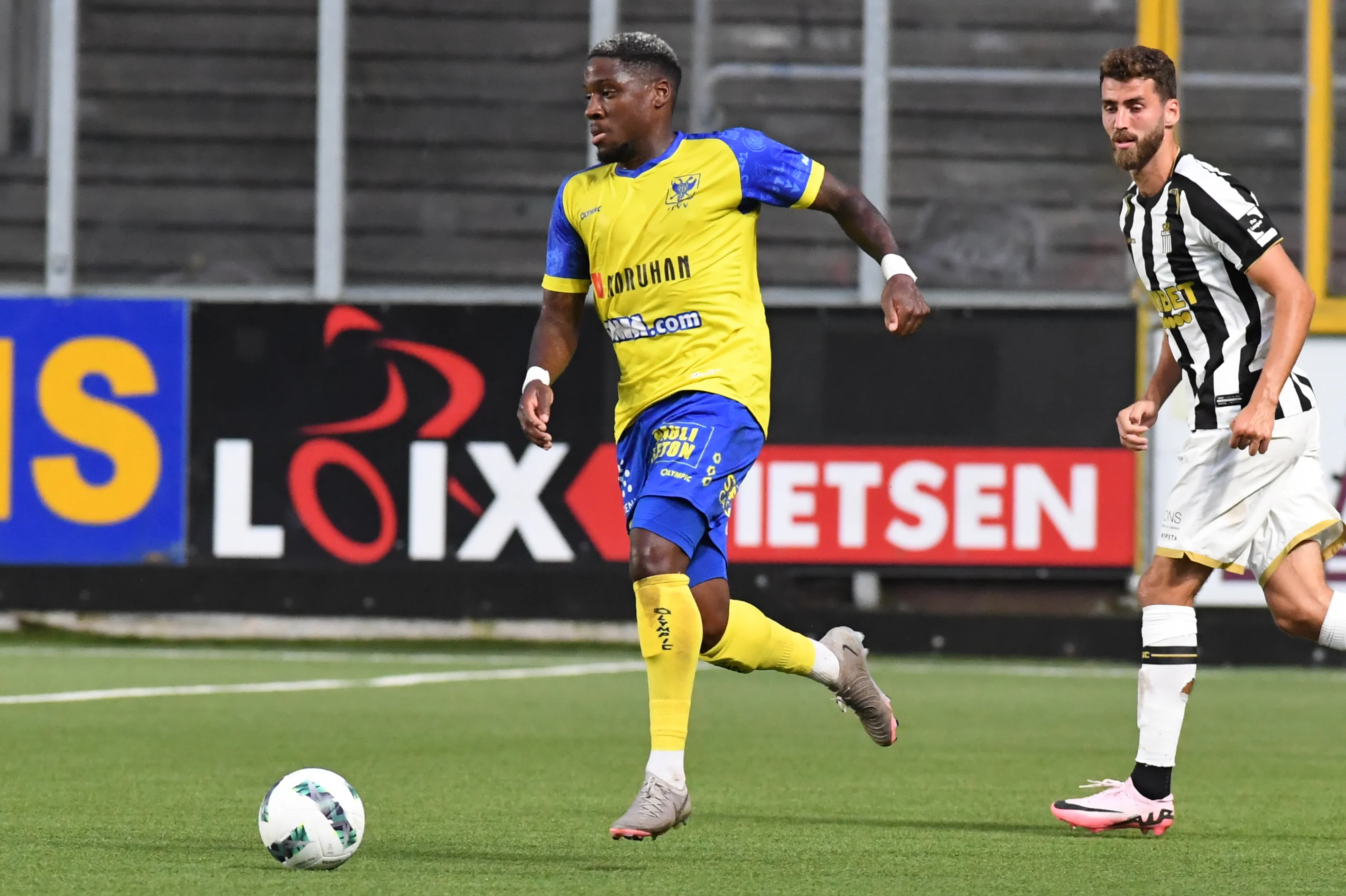 STVV's Frederic Ananou pictured in action during a soccer match between Sint-Truidense VV and Sporting Charleroi, Saturday 03 August 2024 in Sint-Truiden, on day1 of the 2024-2025 season of the 'Jupiler Pro League' first division of the Belgian championship. The game is played without supporters duo to a punishment after supporter riots last season after and during the game with Standard. BELGA PHOTO JILL DELSAUX