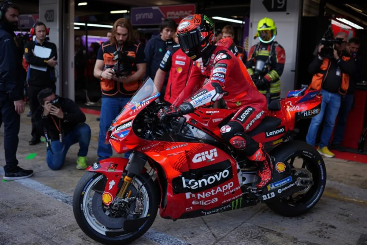 Ducati Italian rider Francesco Bagnaia leaves the box during the third Moto GP free practice session of the Solidarity Grand Prix of Barcelona at the Circuit de Catalunya on November 16, 2024 in Montmelo on the outskirts of Barcelona.  Manaure Quintero / AFP