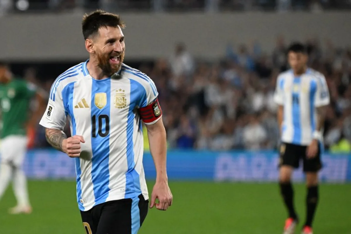 Argentina's forward #10 Lionel Messi celebrates after scoring a goal during the 2026 FIFA World Cup South American qualifiers football match between Argentina and Bolivia at the Mas Monumental stadium in Buenos Aires on October 15, 2024.  Luis ROBAYO / AFP