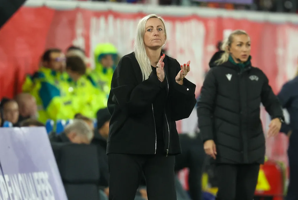Belgium's head coach Elisabet Gunnarsdottir gestures during a soccer game between Belgium's national women's team the Red Flames and Poland, on Friday 9 October 2026 in Leuven, the first leg of the play-off for the 2027 FIFA Women's World Cup. BELGA PHOTO VIRGINIE LEFOUR
