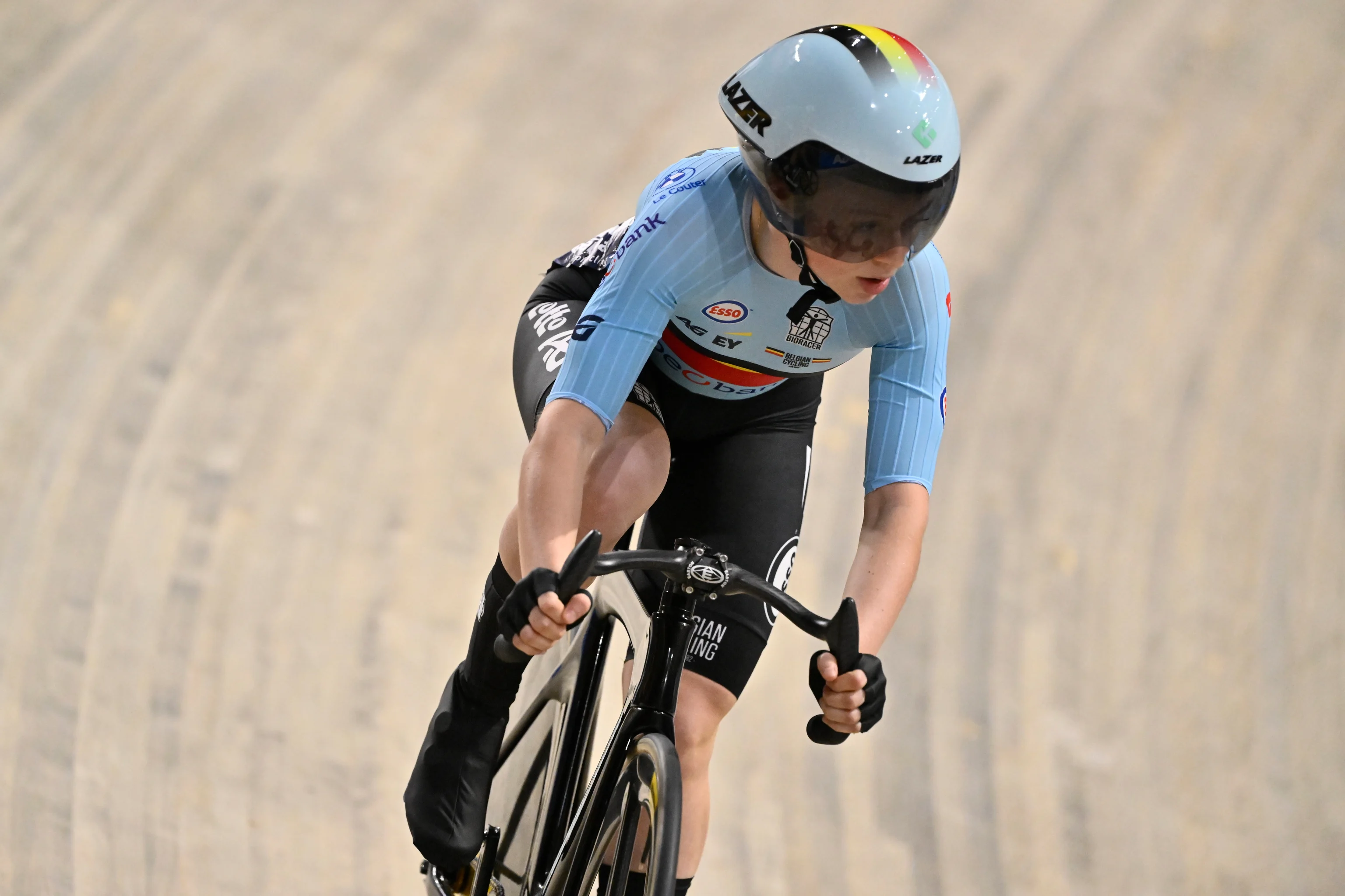 Belgian Lani Wittevrongel pictured in action during the Women's Scratch Race at the 2024 UEC Track Elite European Championships in Apeldoorn, Netherlands, Thursday 11 January 2024. The European Championships take place from 10 to 14 January. BELGA PHOTO DIRK WAEM