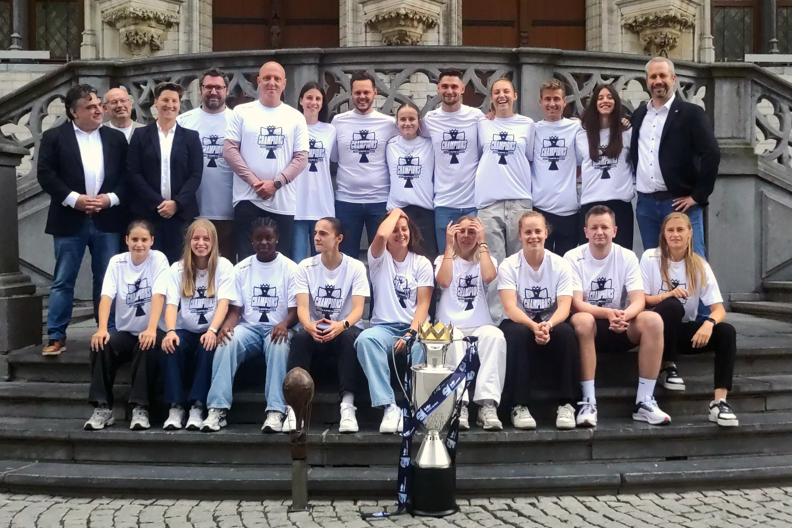 The players and staff of Oud-Heverlee Leuven celebrate their title at the Leuven city hall on Wednesday 28 May 2025. OHL won the 2024-2025 'Super League Women' first division of the Belgian championship. BELGA PHOTO INE GILLIS