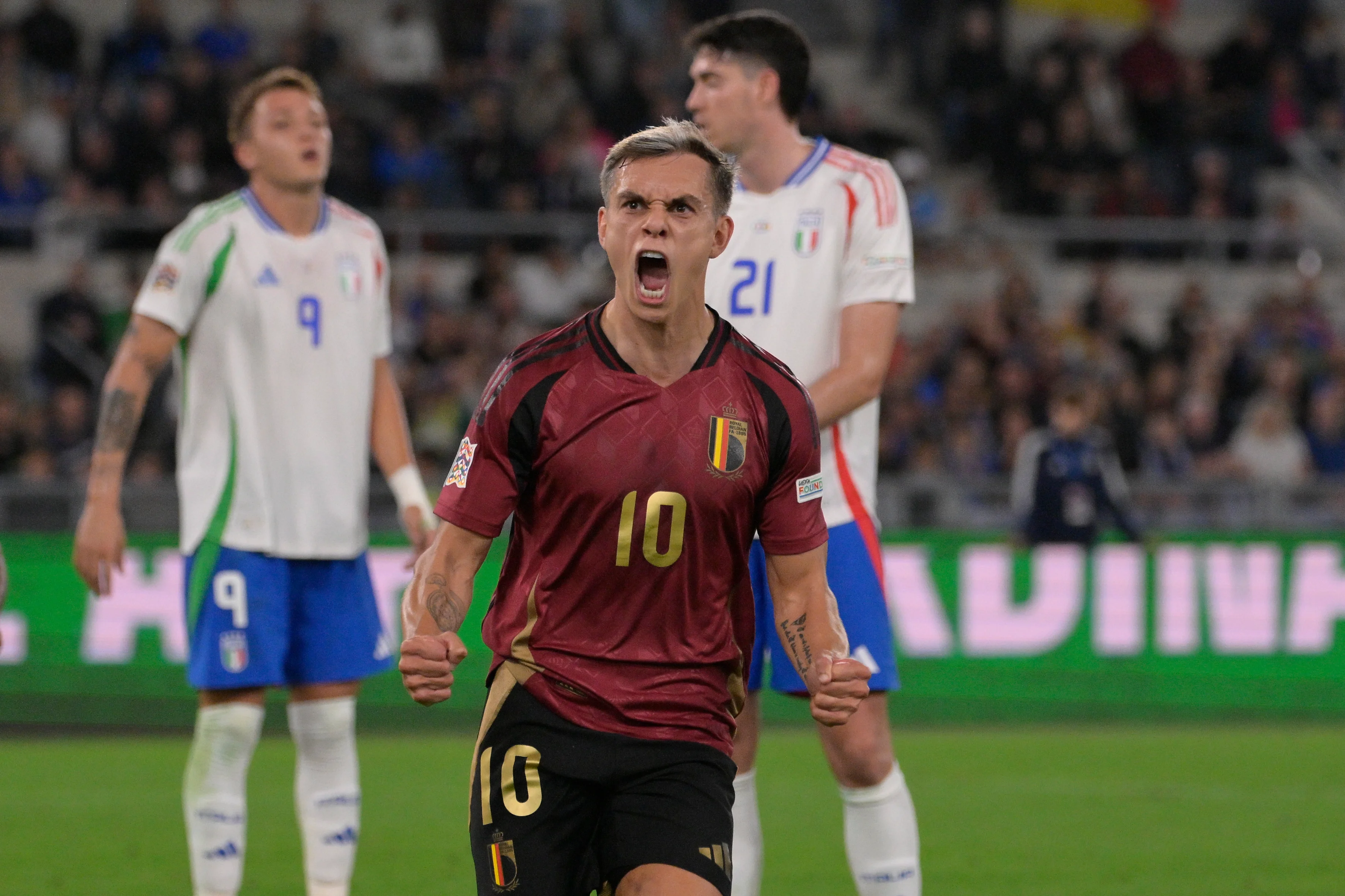 Belgium's Leandro Trossard celebrates after scoring the goal 2-2 during the UEFA Nations League 2024/25 Group 2 qualification football match between Italy and Belgium at the Olimpico stadium in Rome on October 10, 2021. (Photo by Fabrizio Corradetti / LaPresse) BELGIUM ONLY