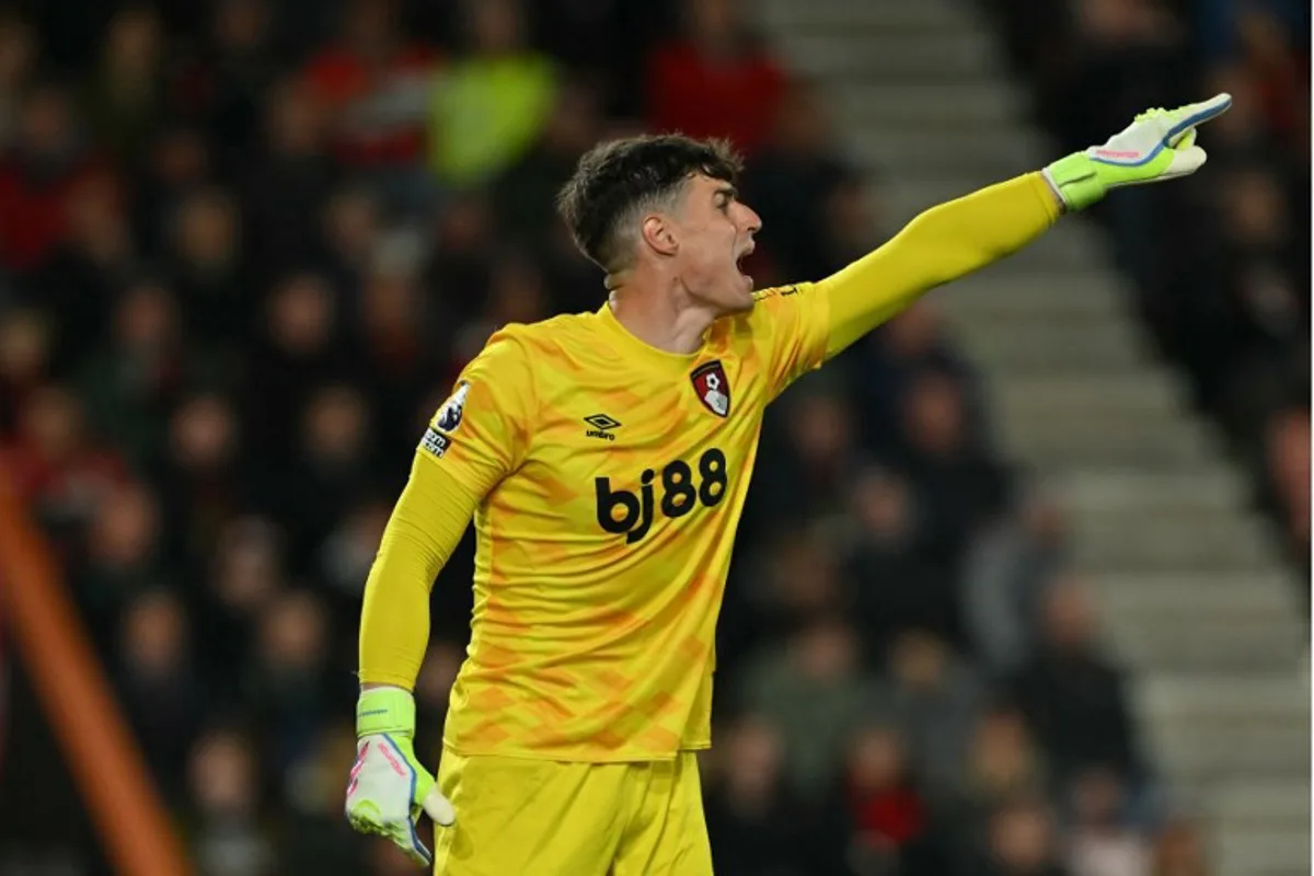 Bournemouth's Spanish goalkeeper #13 Kepa Arrizabalaga gestures during the English Premier League football match between Bournemouth and Fulham at the Vitality Stadium in Bournemouth, southern England on April 14, 2025. Glyn KIRK / AFP