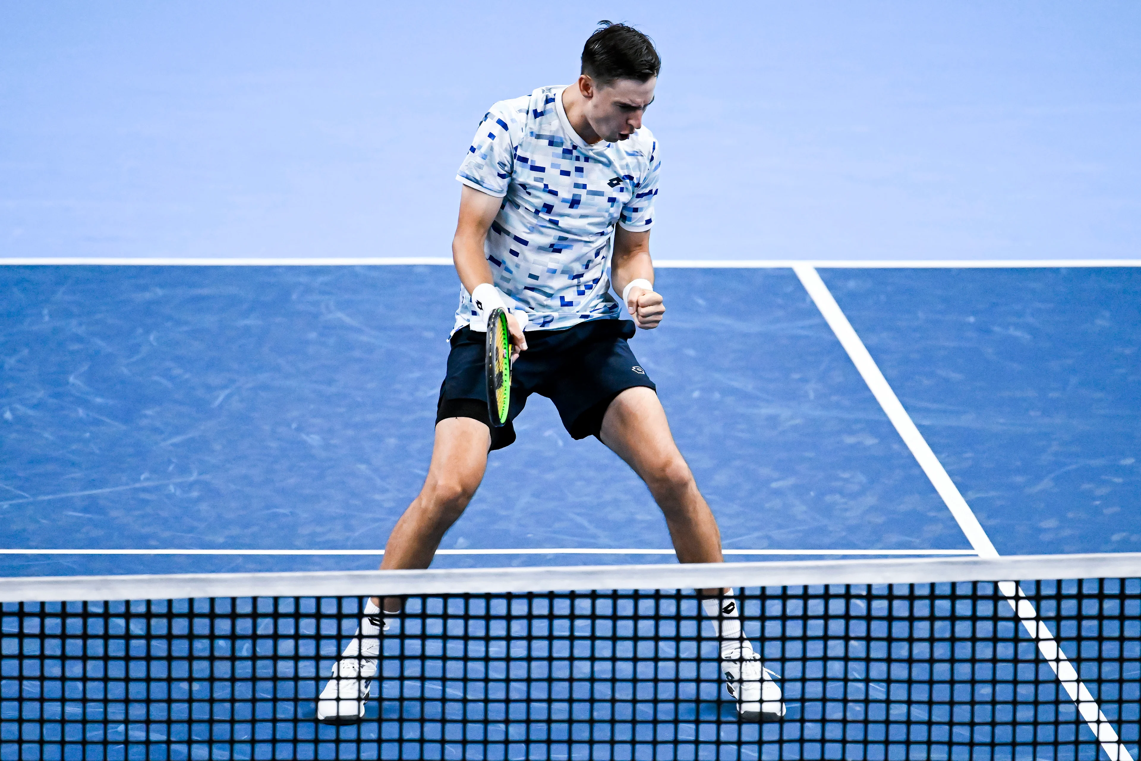 Belgian Joran Vliegen celebrates during a tennis match in the quarter final of the doubles competition at the ATP European Open Tennis tournament in Antwerp, Thursday 17 October 2024. BELGA PHOTO TOM GOYVAERTS