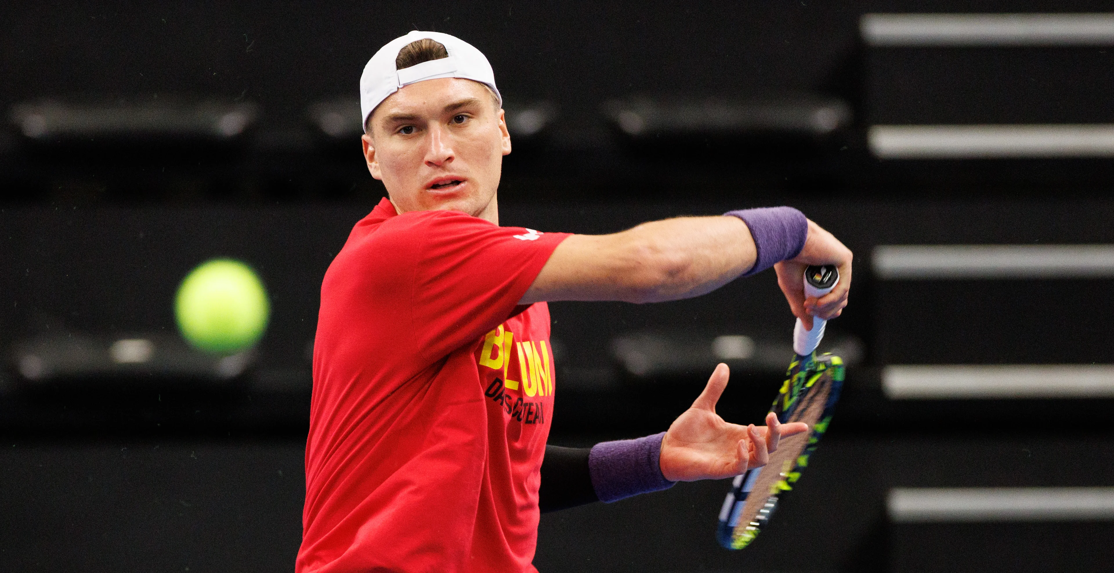 Belgian Raphael Collignon pictured in action during a training practice of the Belgian team, Tuesday 28 January 2025, in Hasselt. Belgium will compete this weekend in the Davis Cup qualifiers against Chile. BELGA PHOTO BENOIT DOPPAGNE