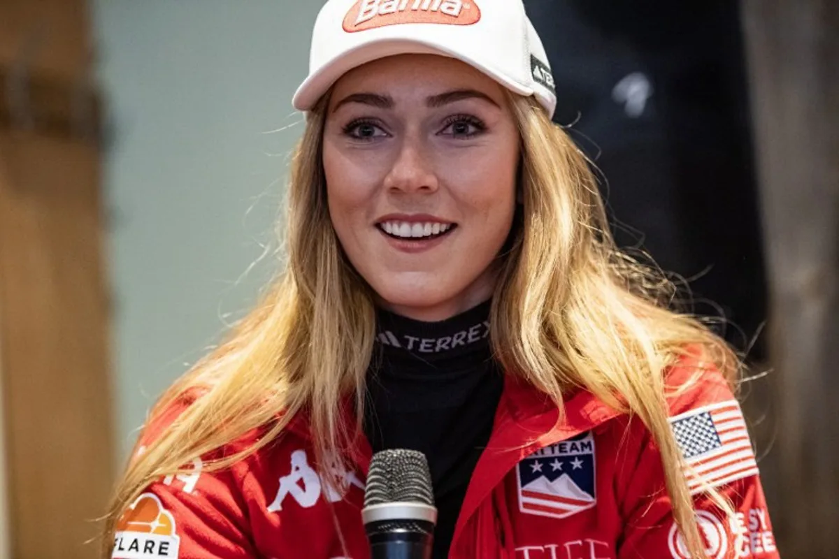 USA's Mikaela Shiffrin speaks at a press conference with the Stifel US Ski Team during the Stifel Killington Cup, part of the Audi FIS Ski Women's World Cup, at the Killington Resort in Killington, Vermont, on November 29, 2024. The 2024/2025 Women's World Cup Giant Slalom takes place on November 30, 2024. Joseph Prezioso / AFP