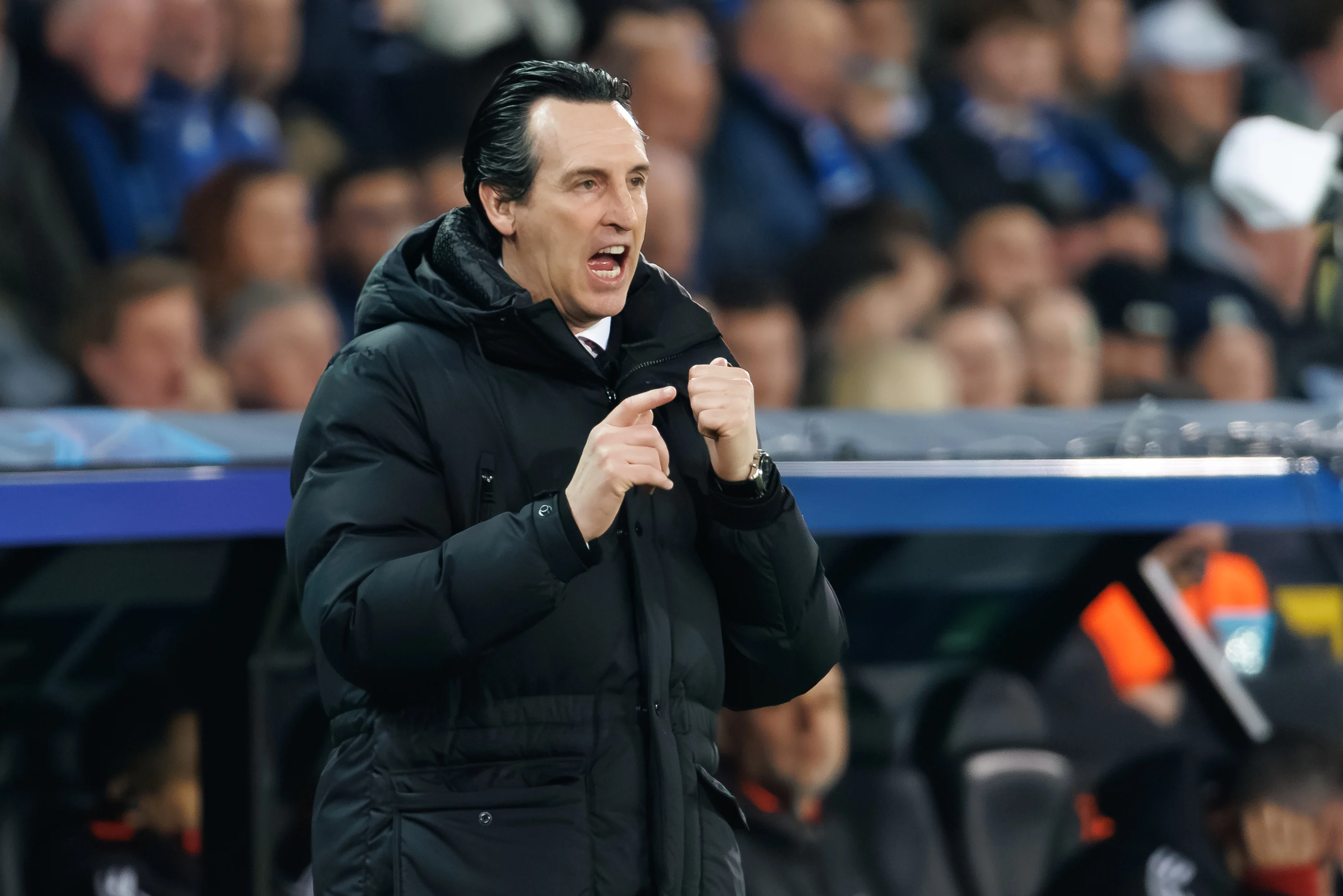 Aston Villa's head coach Unai Emery pictured during a soccer game between Belgian Club Brugge KV and English Aston Villa FC, Tuesday 04 March 2025 in Brugge, the first leg of the 1/8 finals of the UEFA Champions League knockout phase. BELGA PHOTO KURT DESPLENTER