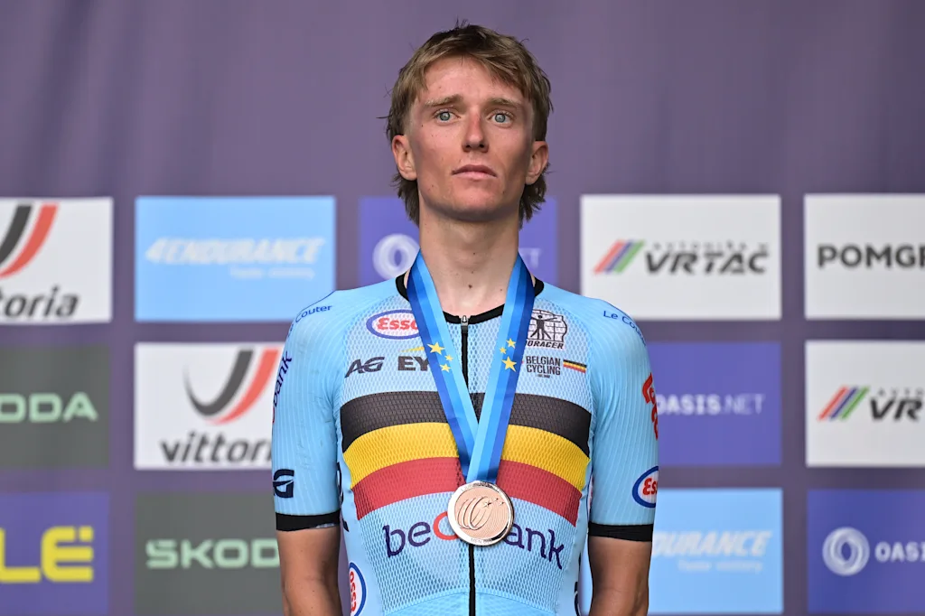 Belgian Niels Driesen pictured on the podium after finishing third of the Men U23 Road Race race (141,8km) at the cycling UEC Road European Championships, in Ljubljana, Slovenia Friday 2 October 2026. The UEC Road European Championships are taking place from 02 to 07 October in Ljubljana, Slovenia. BELGA PHOTO DAVID PINTENS