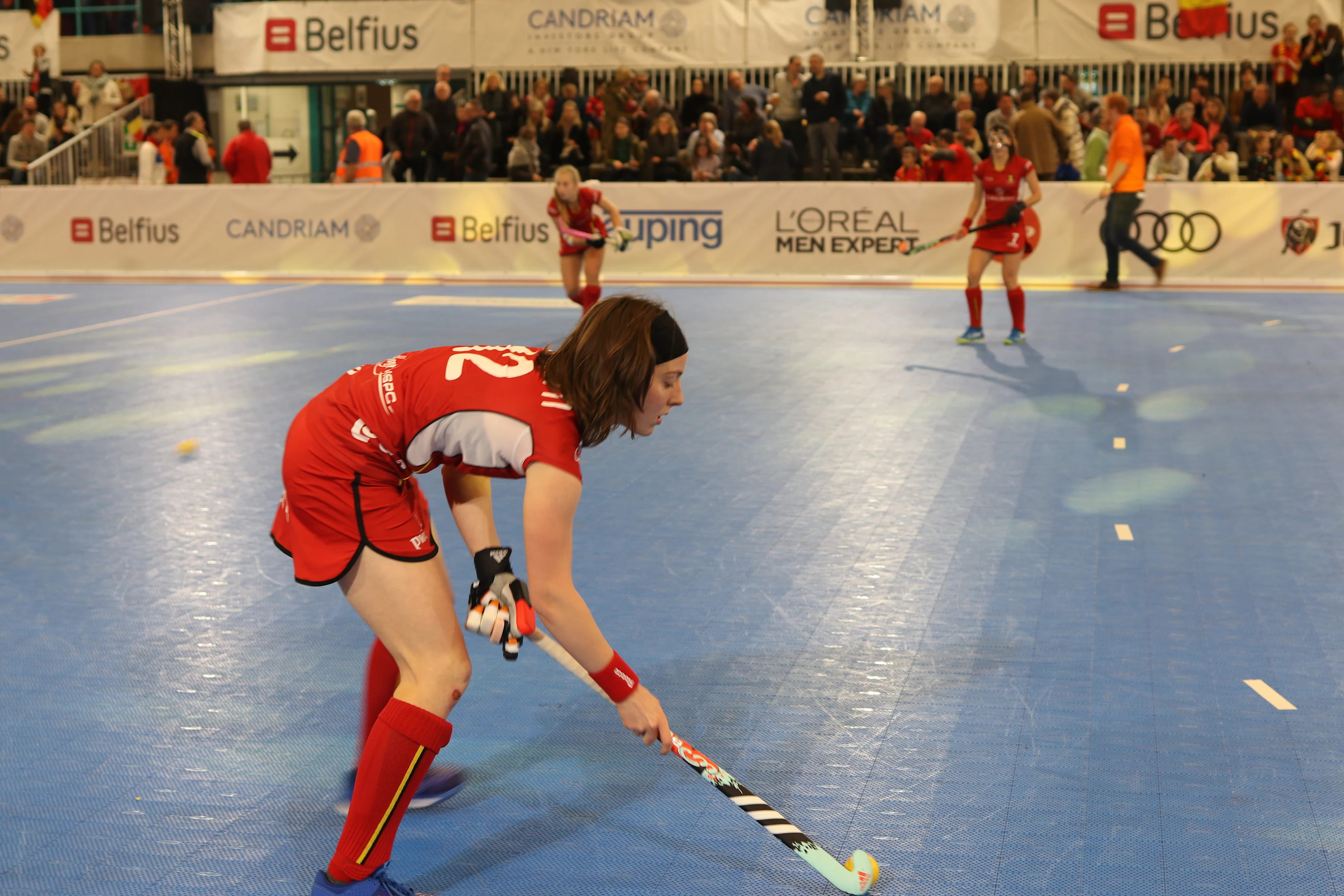 Belgian Indoor Red Panthers Marie Ronquetti during warmup before the match between Austria and Belgium, in pool D for promotion at the EuroHockey Indoor Championship II (W), in Brussels, Saturday 20 January 2018 on the picture regarding the Belga article "La Belgique bat l'Autriche 3-0 et a quasi deux pieds a nouveau parmi le top 8 europeen", 20/01/2018 21:45, in BRUSSELS. BEST QUALITY AVAILABLE - BELGA PHOTO DANIEL TECHY