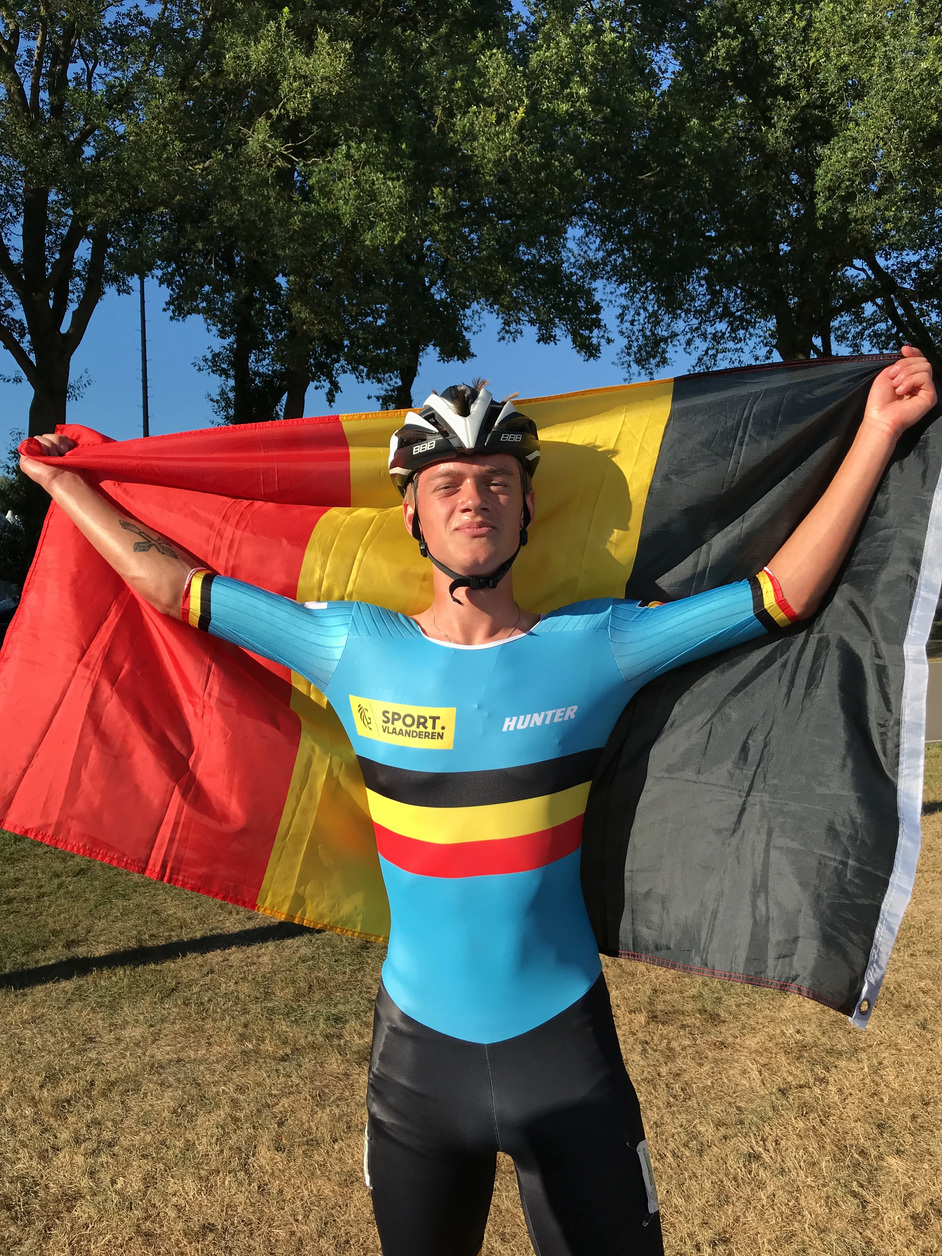 ATTENTION EDITORS - HAND OUT PICTURES - EDITORIAL USE ONLY   Hand out pictures released on Sunday 01 July 2018, shows Belgian Jason Suttels celebrating his world title in the junior category at the 10.000m points elimination race, at the world championships in Heerde, Netherlands. BELGA PHOTO HAND OUT