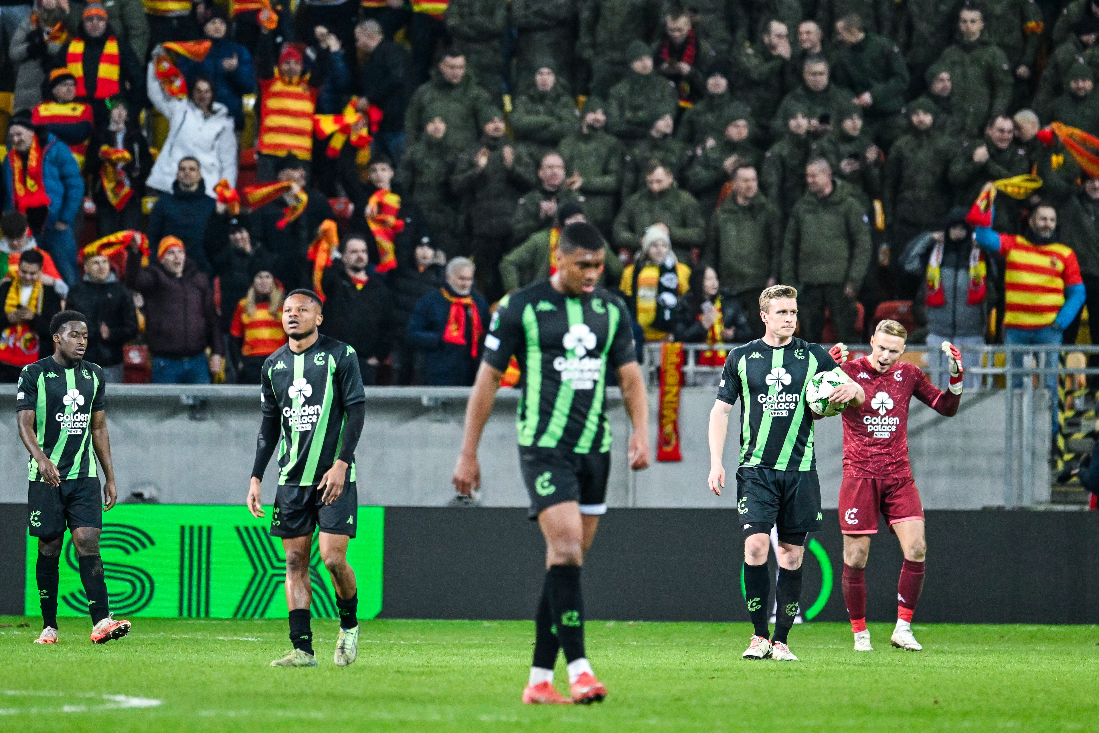 Cercle's Thibo Somers and Cercle's goalkeeper Maxime Delanghe look dejected during a soccer game between Polish Jagiellonia Bialystok and Belgian Cercle Brugge KSV, Thursday 06 March 2025 in Bialystok, Poland, the first leg of the round of 16 of the UEFA Conference League tournament. BELGA PHOTO TOM GOYVAERTS