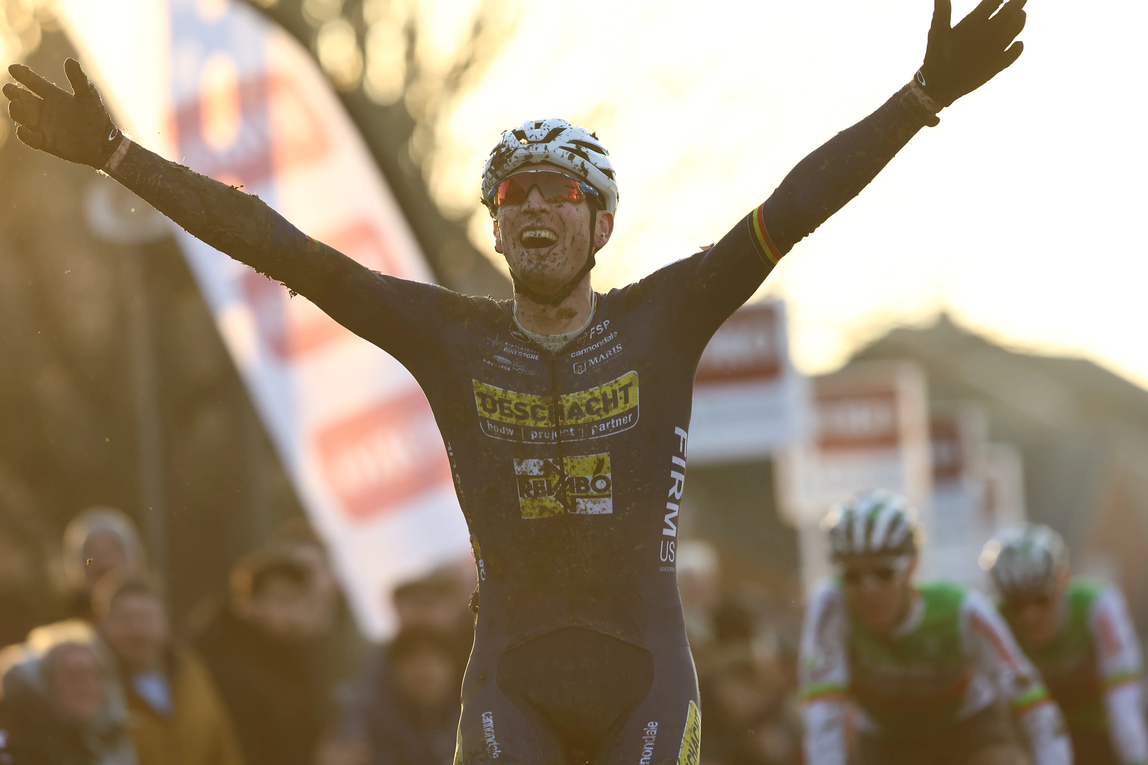 Belgian Toon Aerts celebrates as he crosses the finish line at the men's elite race of the Cyclocross Otegem cycling event,  in Otegem, the day after the Belgian national cyclocross championships. BELGA PHOTO DAVID PINTENS