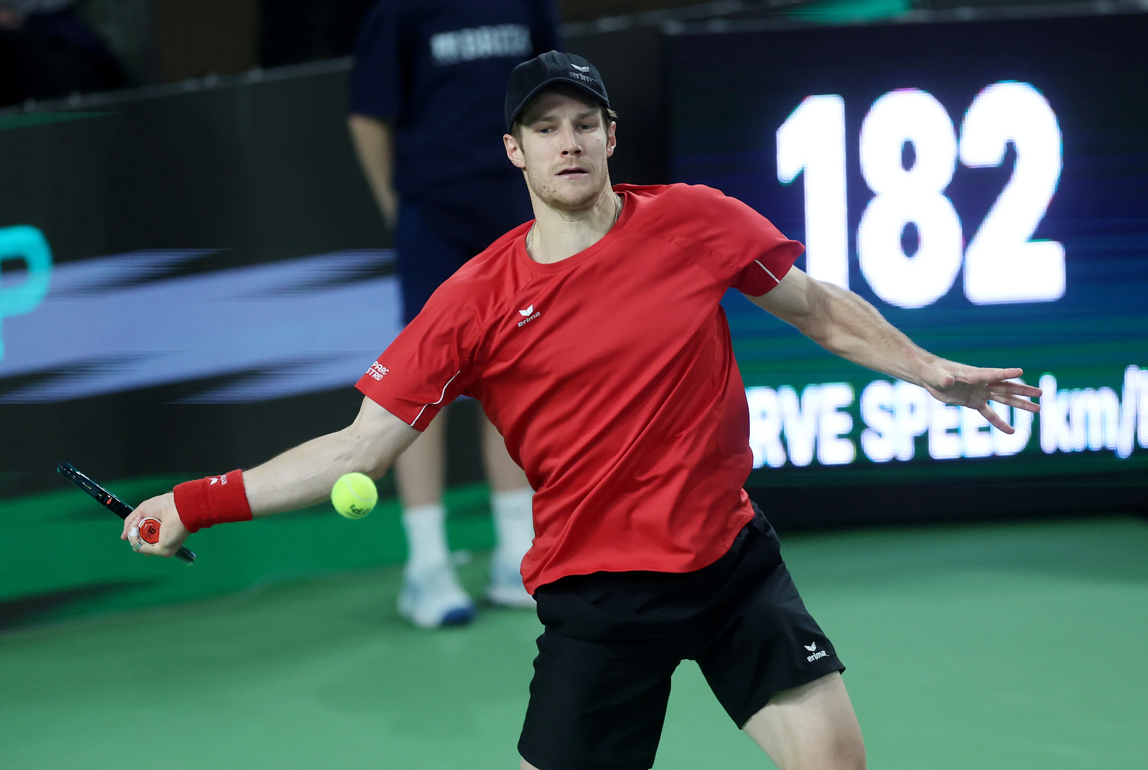 Belgian Joris De Loore pictured in action during a tennis match between Belgian De Loore and and Croatian Ajdukovic, the 2nd rubber of the Davis Cup Qualifiers meeting between Croatia and Belgium, Saturday 03 February 2024 in Varazdin, Croatia. BELGA PHOTO SANJIN STRUKIC  ***BELGIUM ONLY***