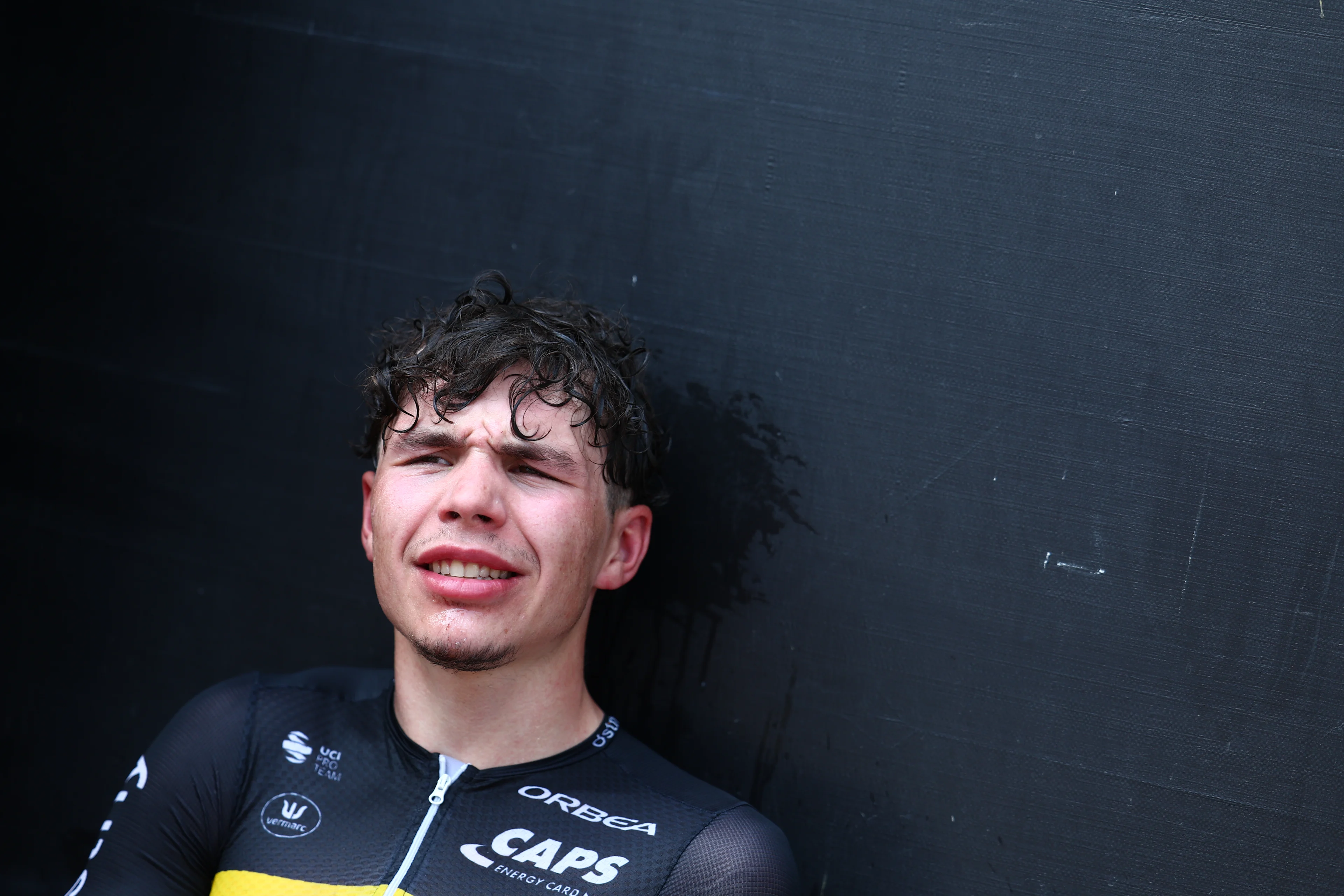 Belgian Arnaud De Lie of Lotto Dstny celebrates after winning the fifth and last stage of the 'Renewi Tour' multi-stage cycling race, from Menen to Geraardsbergen (202,5 km) on Sunday 01 September 2024. The five-day race takes place in Belgium and the Netherlands.  BELGA PHOTO DAVID PINTENS