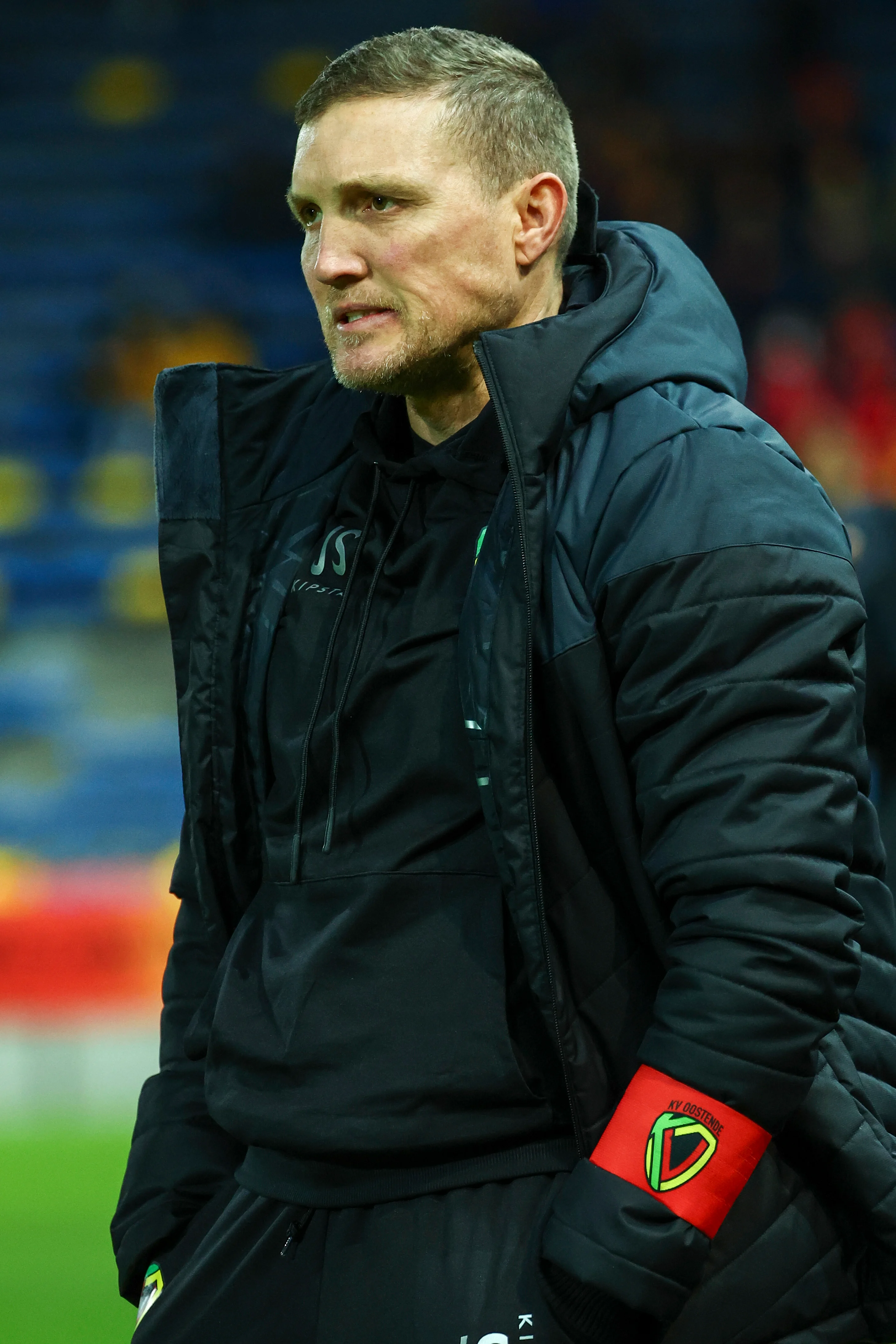 Oostende's head coach Jamath Shoffner pictured during a soccer match between SK Beveren and KV Oostende, Sunday 03 March 2024 in Beveren, on day 24/30 of the 2023-2024 'Challenger Pro League' second division of the Belgian championship. BELGA PHOTO DAVID PINTENS