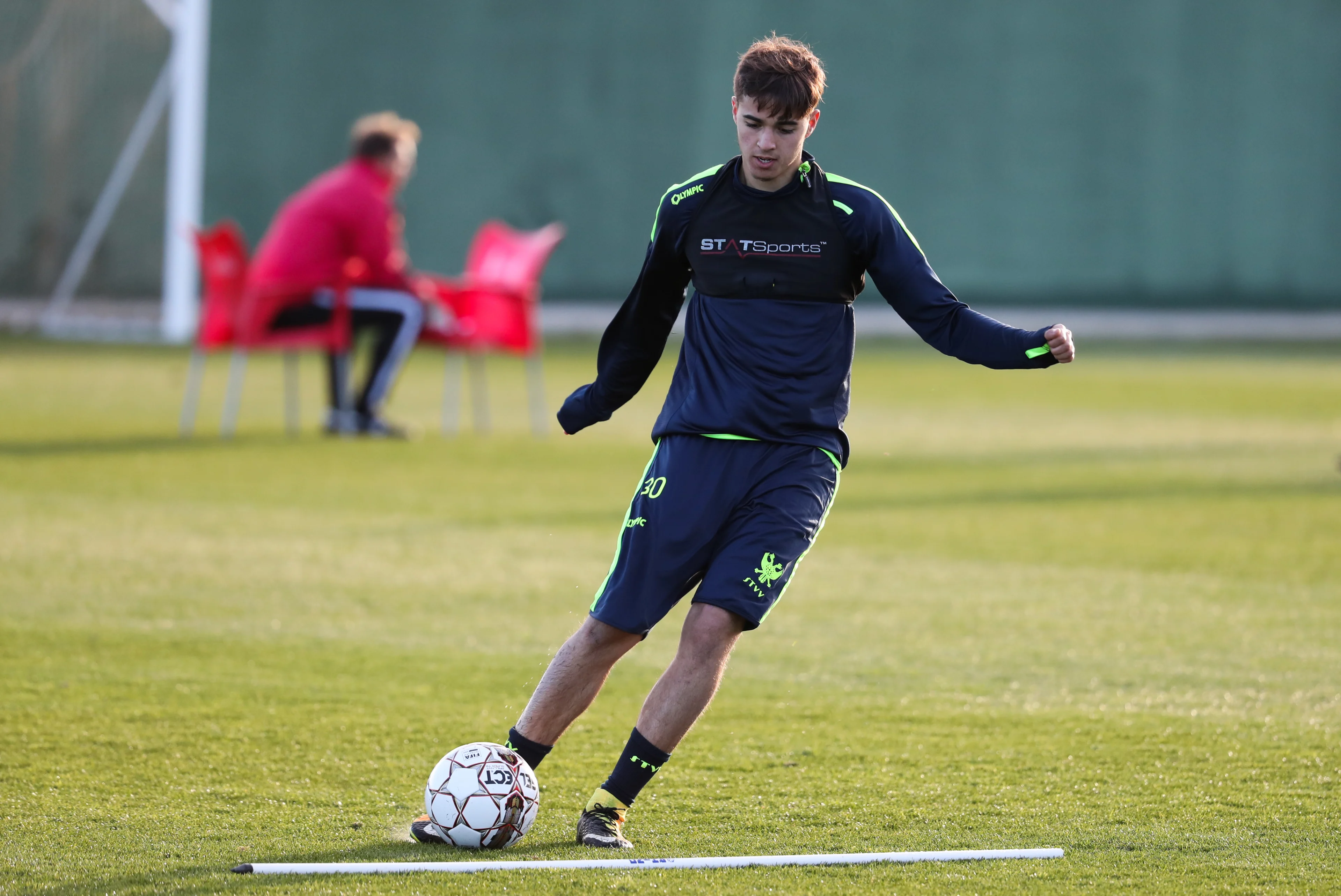 STVV's Samy Bourard pictured in action during day three of the winter training camp of Belgian first division soccer team Sint-Truidense VV, in La Manga del Mar Menor, Spain, Monday 08 January 2018. BELGA PHOTO VIRGINIE LEFOUR