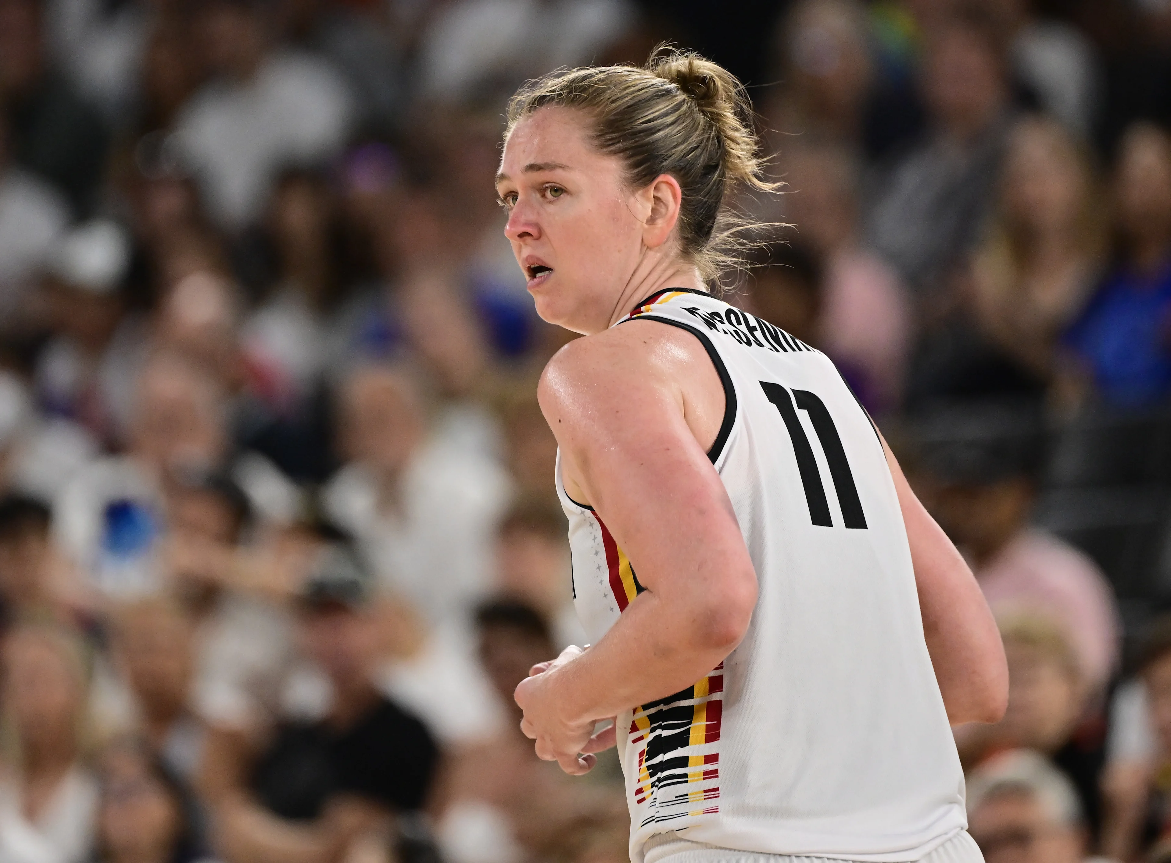 Belgian basket player Emma Meesseman pictured during a basketball game between Australia and Belgian national team the Belgian Cats, the bronze medal game of the women's tournament at the Paris 2024 Olympic Games, on Sunday 11 August 2024 in Paris, France. The Games of the XXXIII Olympiad are taking place in Paris from 26 July to 11 August. The Belgian delegation counts 165 athletes competing in 21 sports. BELGA PHOTO DIRK WAEM