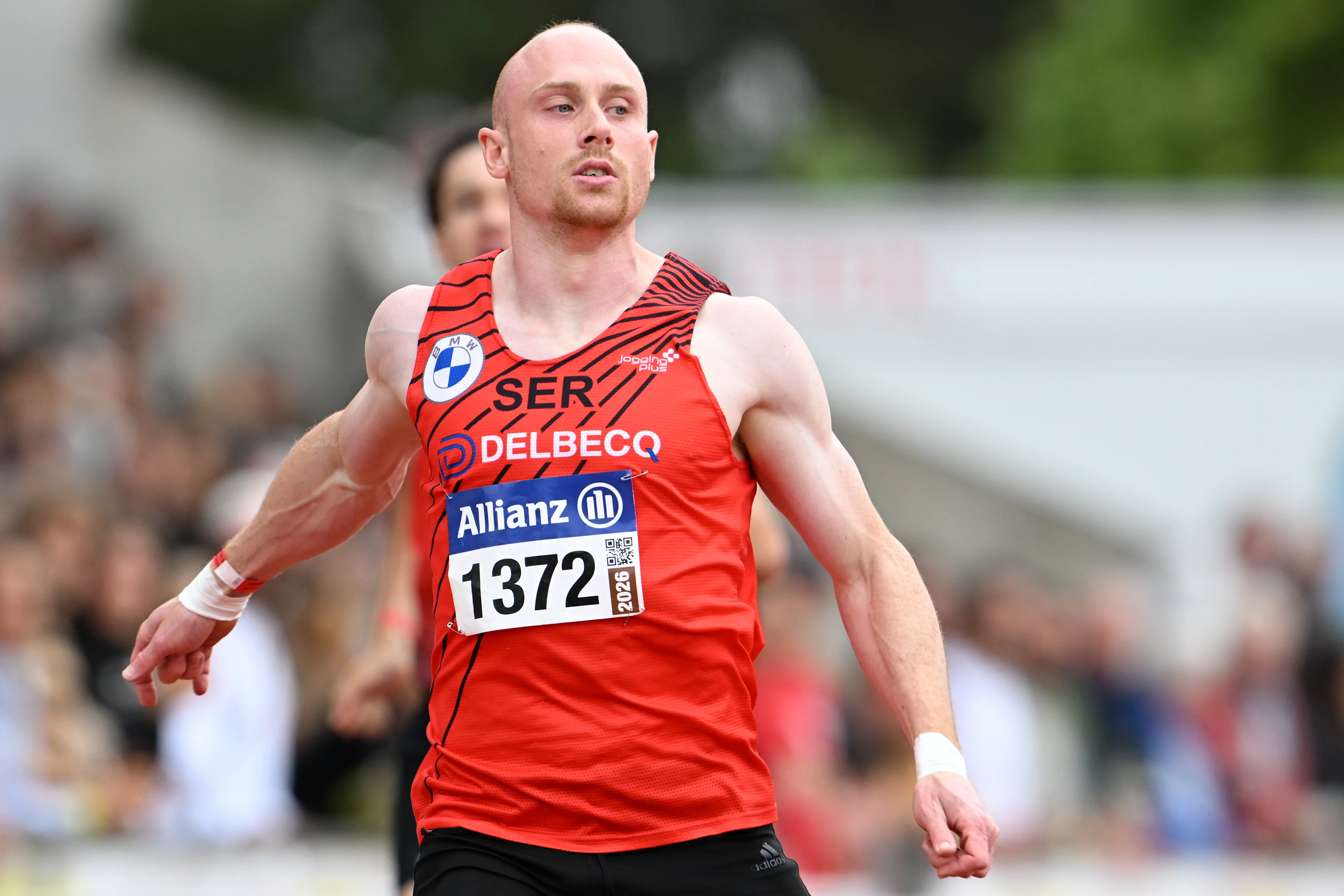 Belgian Antoine Snyders pictured in action during the men's 200m race, at the Belgian athletics championships, Sunday 26 July 2026 in Kessel-Lo, Leuven. BELGA PHOTO JILL DELSAUX