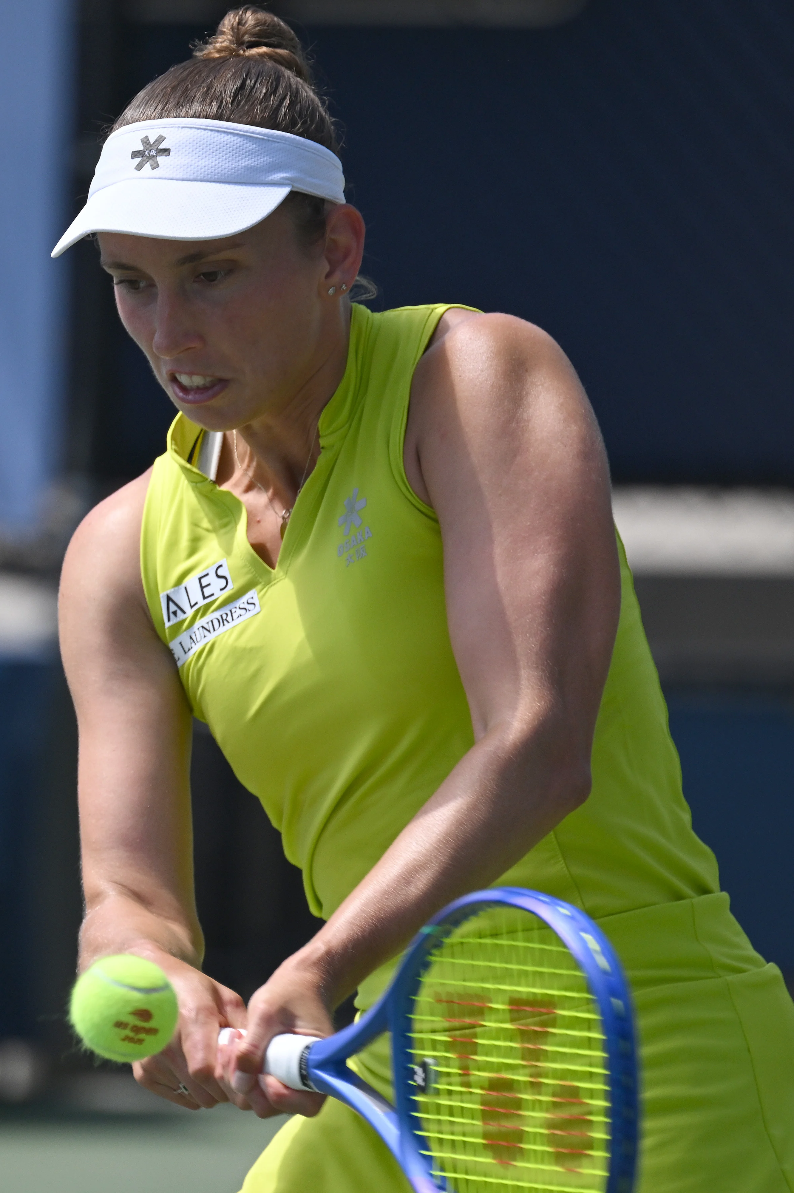 Belgian Elise Mertens pictured in action during a tennis match against US Ahn, in the first round of the women's singles of the 2025 US Open Grand Slam tennis tournament in New York City, USA, Monday 25 August 2025. BELGA PHOTO TONY BEHAR