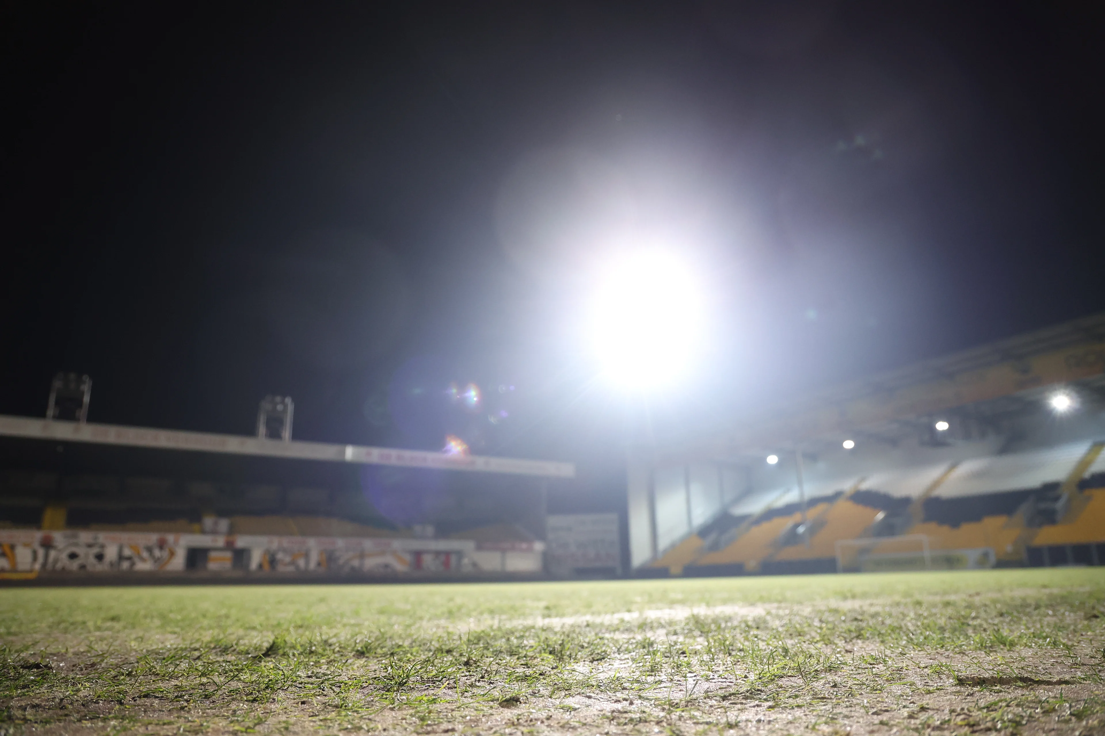 The soccer field pictured as a soccer match between KSC Lokeren-Temse and KAS Eupen is postponed due to the bad weather conditions, Friday 10 January 2025 in Lokeren, on day 17 of the 2024-2025 'Challenger Pro League' 1B second division of the Belgian championship. BELGA PHOTO VIRGINIE LEFOUR