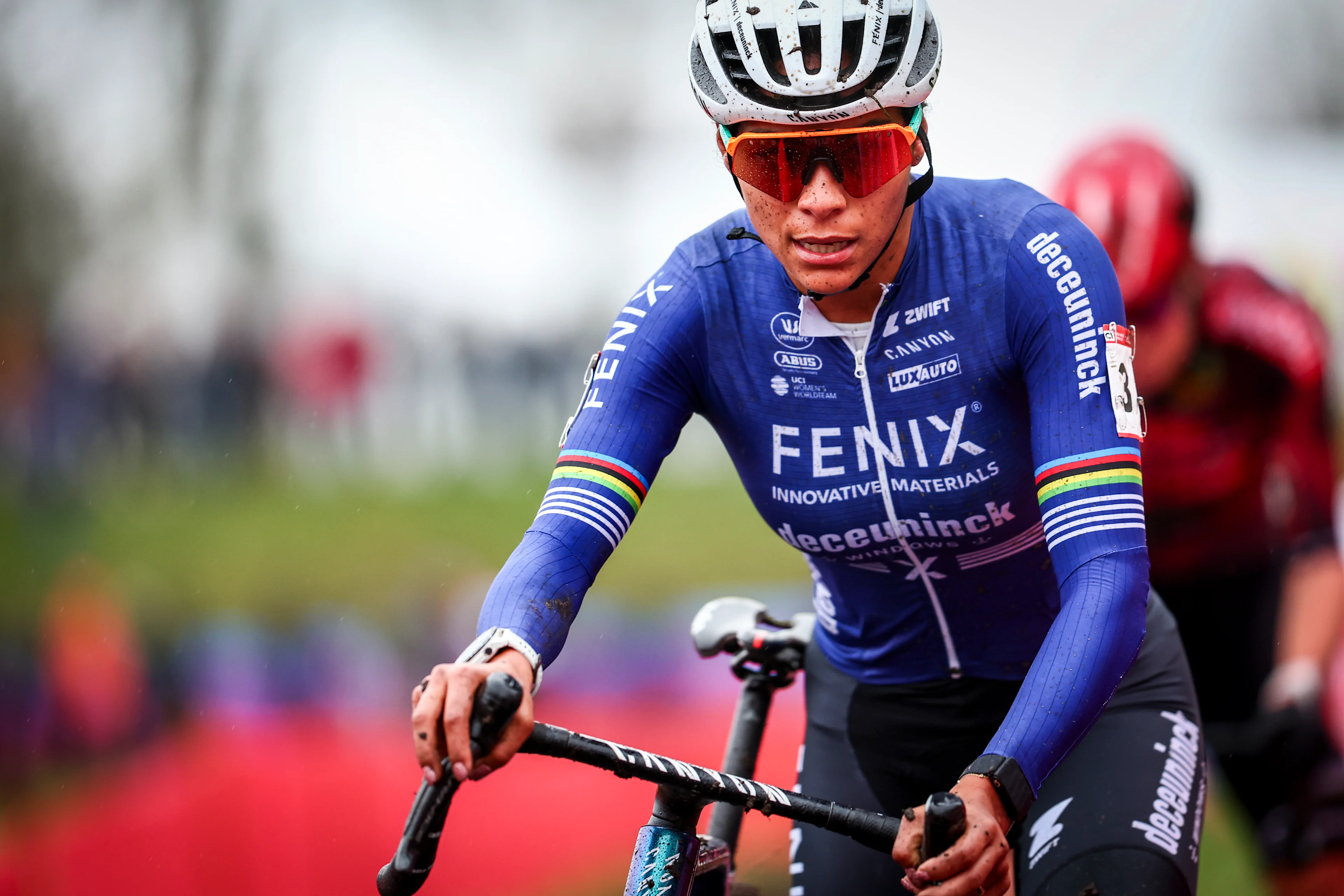 Dutch Ceylin Del Carmen Alvarado pictured in action during the women's elite race of the World Cup cyclocross cycling event in Hulst, the Netherlands, stage 5 (out of 12) of the UCI World Cup cyclocross competition, Saturday 21 December 2024. BELGA PHOTO DAVID PINTENS