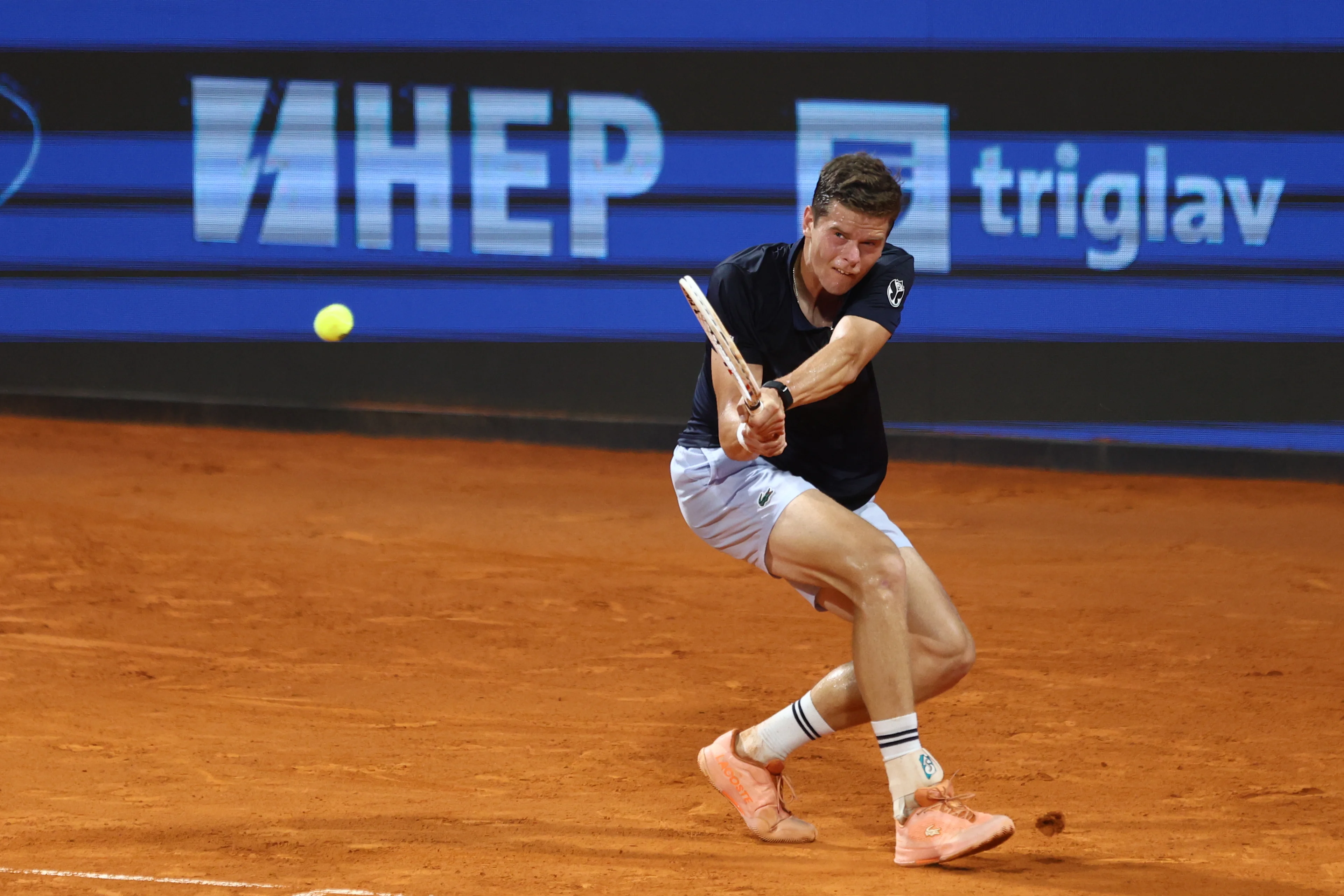 Alexander Blockx of Belgium competes during the first round match against Titouan Droguet of France at the ATP Croatia Open Umag at Stadium "Goran Ivanisevic" on July 14, 2026. in Umag, Croatia. Photo: Srecko Niketic/PIXSELL BELGIUM ONLY