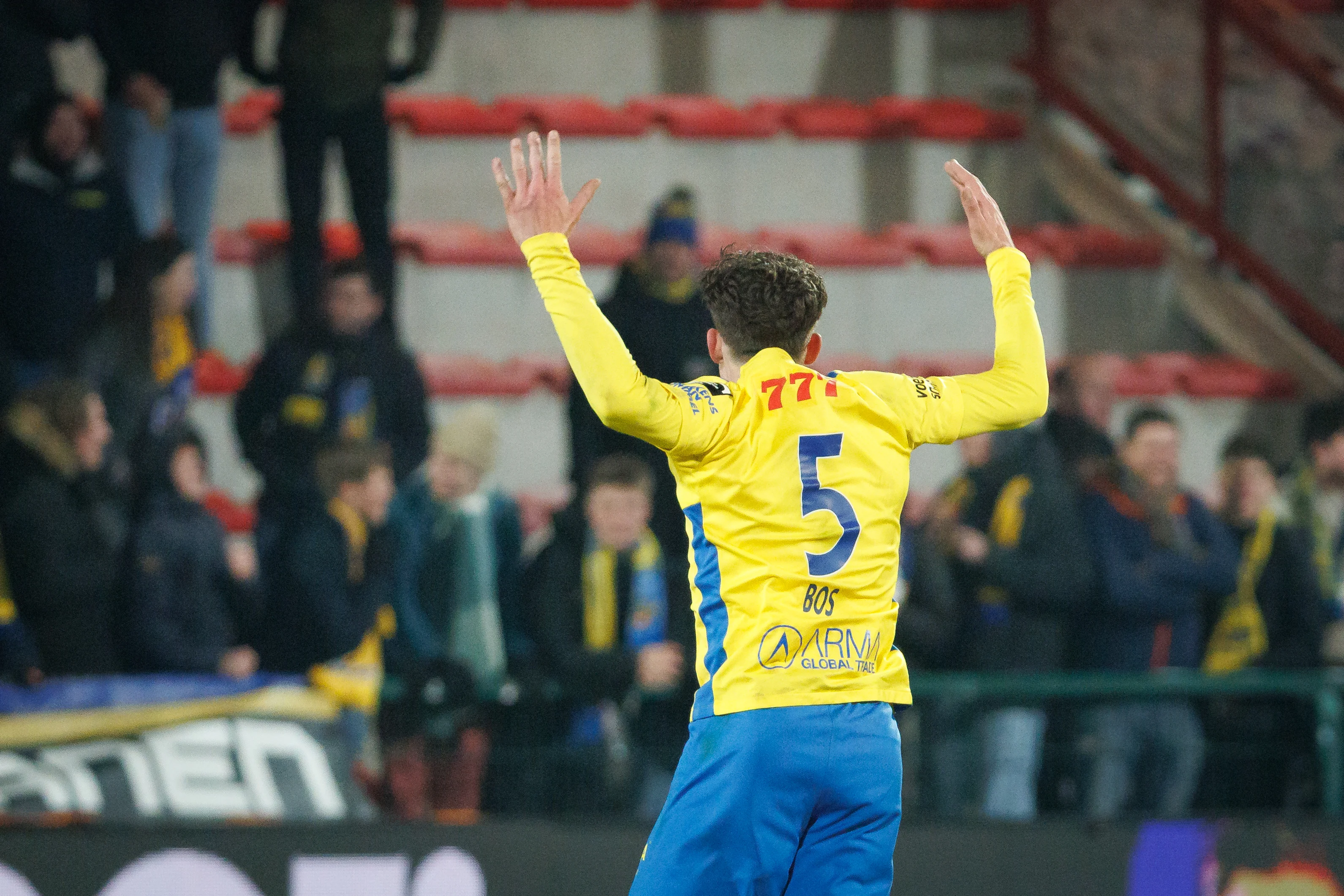 Westerlo's Jordan Bos celebrates after scoring during a soccer match between KV Kortrijk and KVC Westerlo, Sunday 02 February 2025 in Kortrijk, on day 24 of the 2024-2025 season of the 'Jupiler Pro League' first division of the Belgian championship. BELGA PHOTO KURT DESPLENTER