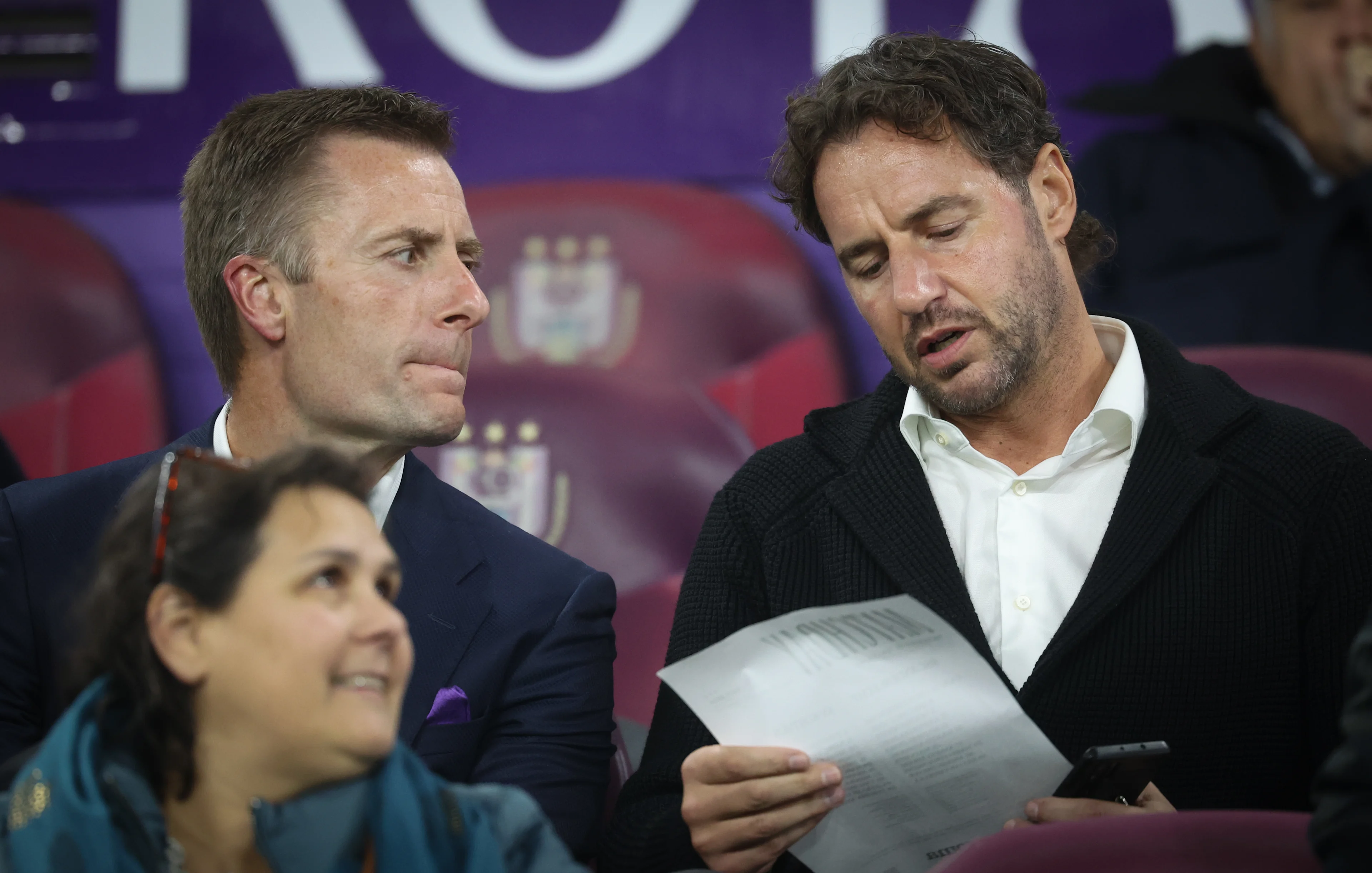 Anderlecht's COO/CCO Kenneth Bornauw and Anderlecht's sport director Olivier Renard pictured during a soccer match between RSC Anderlecht and KV Kortrijk, Sunday 03 November 2024 in Brussels, a game of day 13 of the 2024-2025 season of the 'Jupiler Pro League' first division of the Belgian championship. BELGA PHOTO VIRGINIE LEFOUR