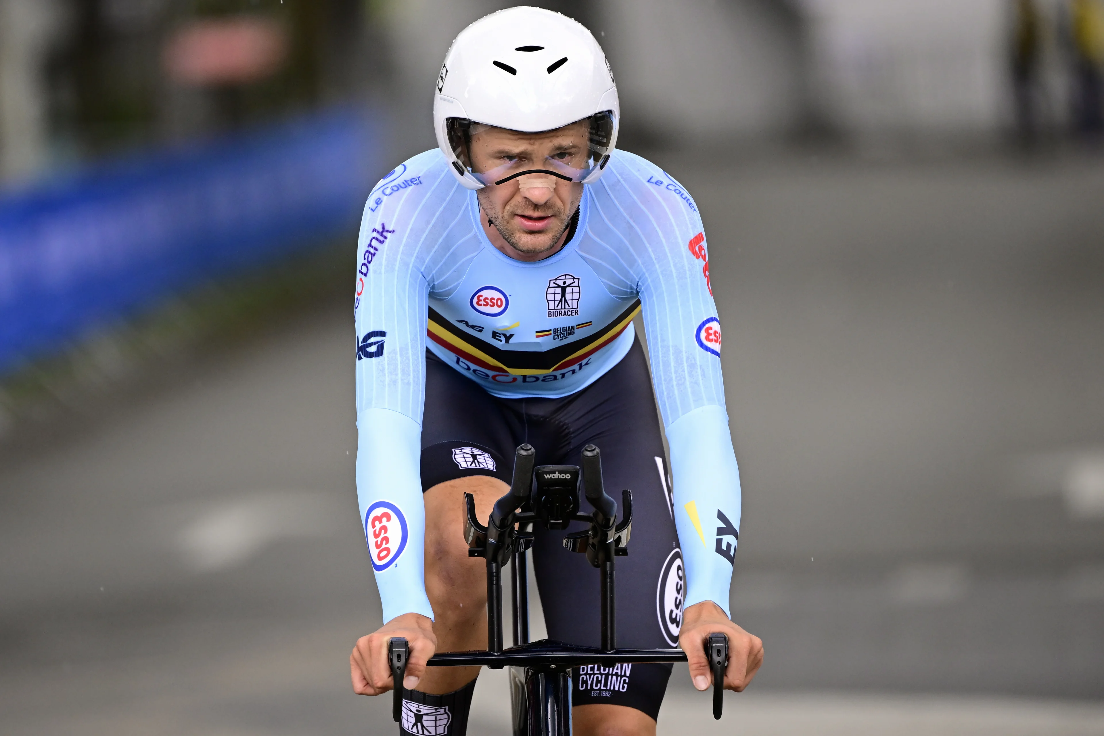 Belgium Male team Edward Theuns, Noah Vandenbranden and Victor Vercouillie (not on picture) pictured in action during pictured in action during the time trial mixed relay elite at the European Championship 2024, in Hasselt, Thursday 12 September 2024. The UEC Road European Championships 2024 will take place from 11 to 15 september in Limburg, Belgium. BELGA PHOTO DIRK WAEM