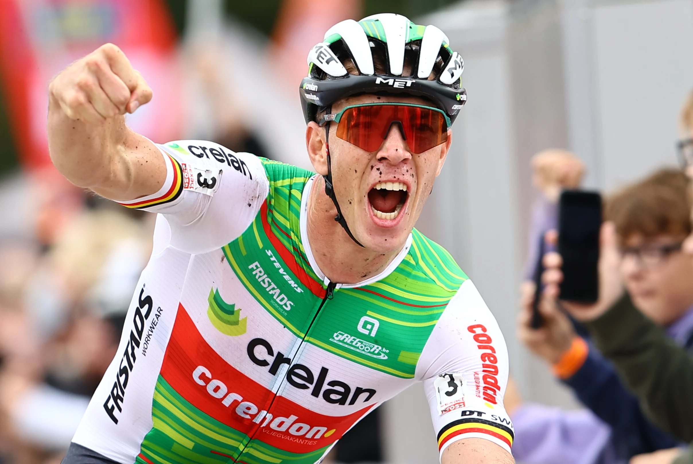 Belgian Laurens Sweeck and pictured at the finish line of the men's elite race of the Exact Cross Essen, stage 2 (out of 6) in the Exact Cross cyclocross competition, Saturday 19 October 2024, in Essen. BELGA PHOTO DAVID PINTENS