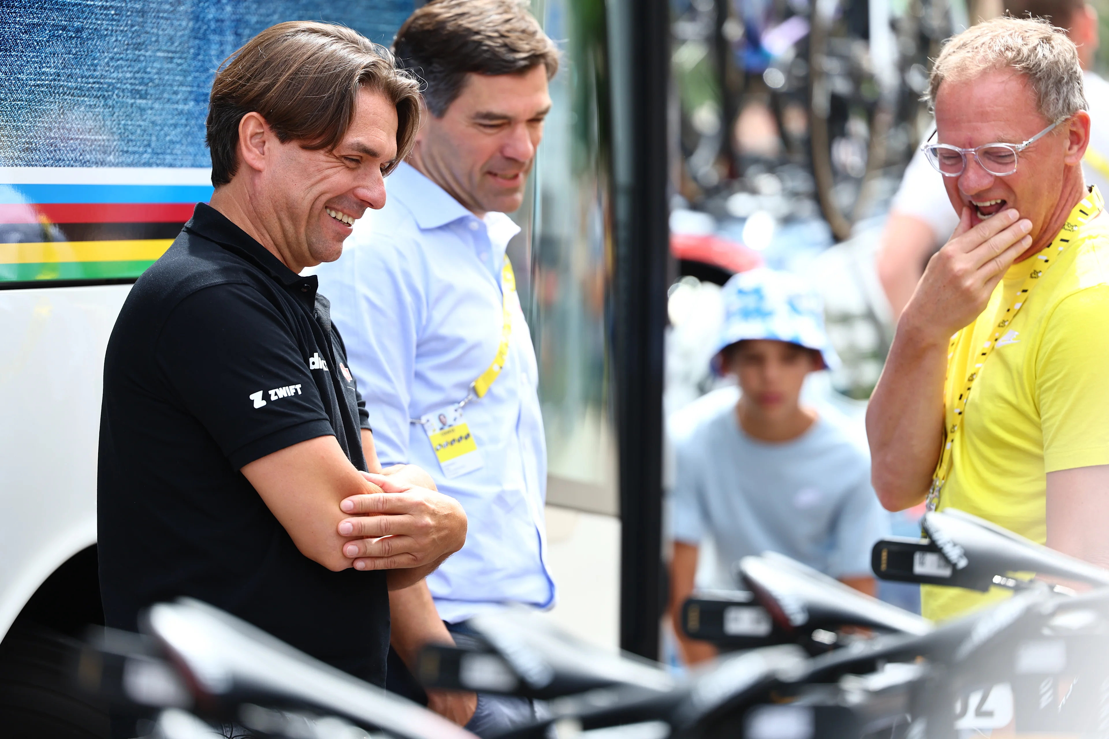Alpecin-Deceuninck team manager Christoph Roodhooft and Alpecin-Deceuninck team manager Philip Roodhooft pictured at the start of stage 9 of the 2024 Tour de France cycling race, from Troyes to Troyes, France (199 km) on Sunday 07 July 2024. The 111th edition of the Tour de France starts on Saturday 29 June and will finish in Nice, France on 21 July. BELGA PHOTO DAVID PINTENS