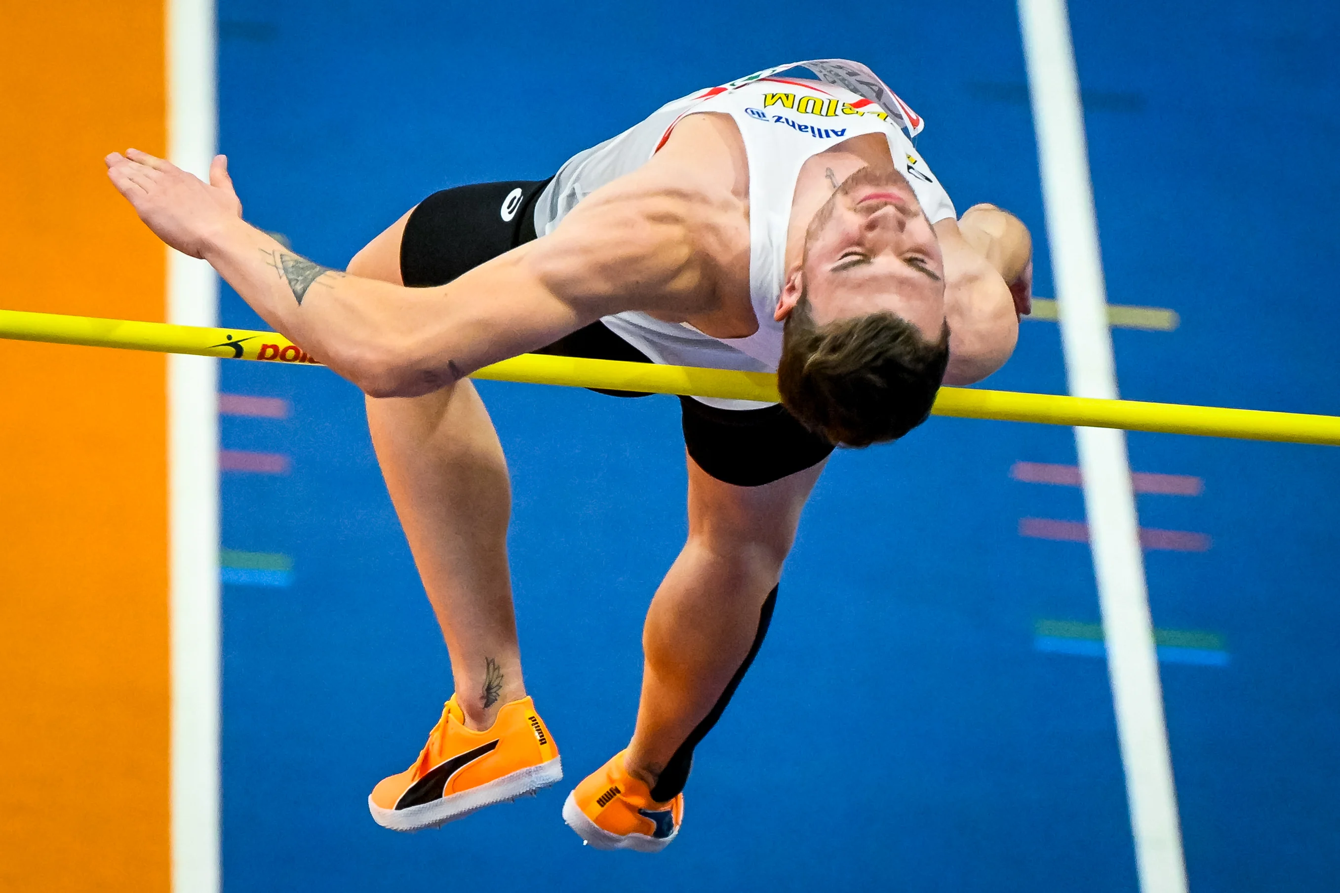 Belgian athlete Thomas Carmoy pictured in action during the high jump event, at the European Athletics Indoor Championships, in Apeldoorn, The Netherlands, Thursday 06 March 2025. The championships take place from 6 to 9 March. BELGA PHOTO ERIC LALMAND