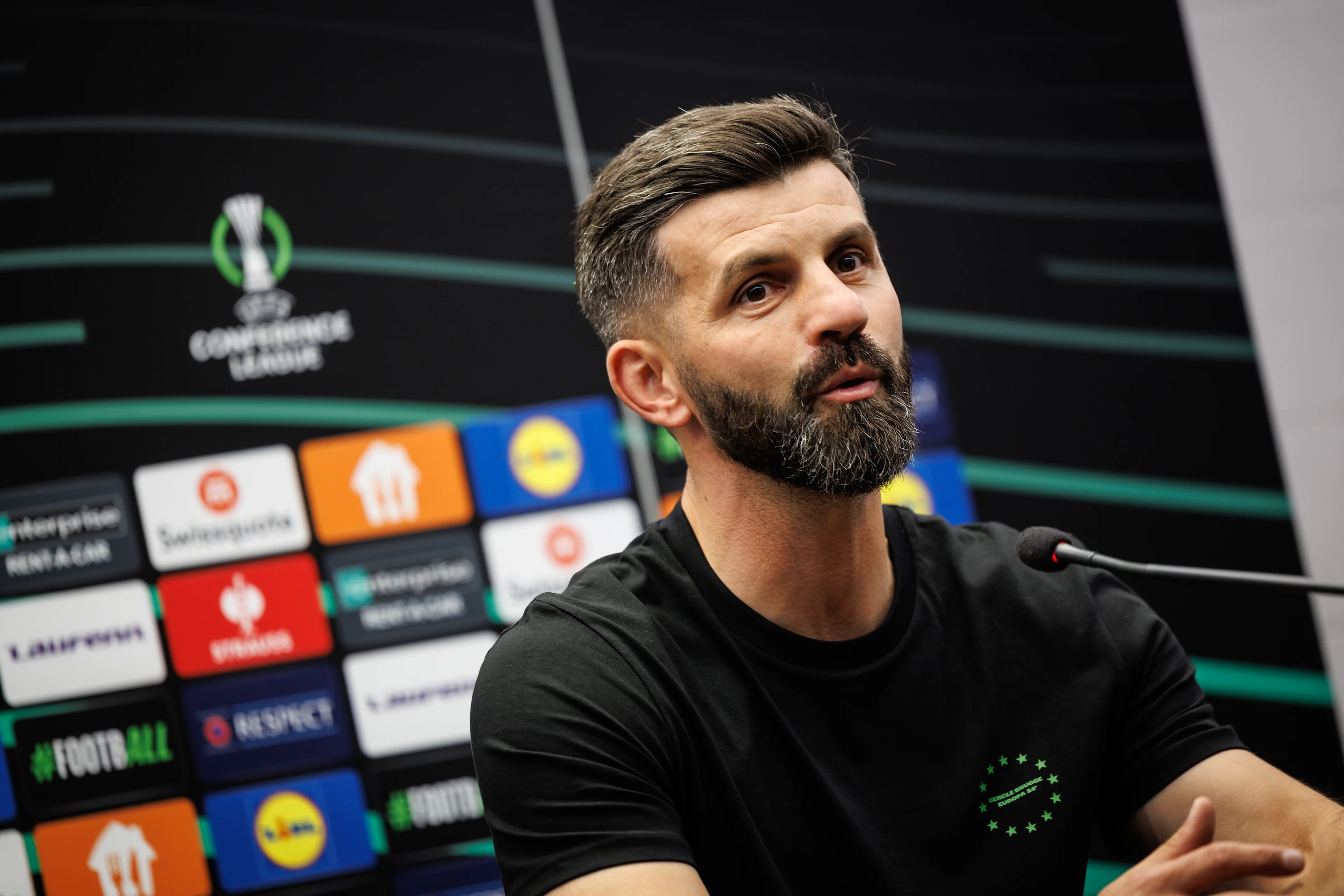 Cercle's head coach Miron Muslic pictured during a press conference of Belgian Cercle Brugge before the opening day of the League phase of the UEFA Conference League, Wednesday 02 October 2024 in Brugge. Club Brugge will face Swiss team FC St. Gallen. BELGA PHOTO KURT DESPLENTER