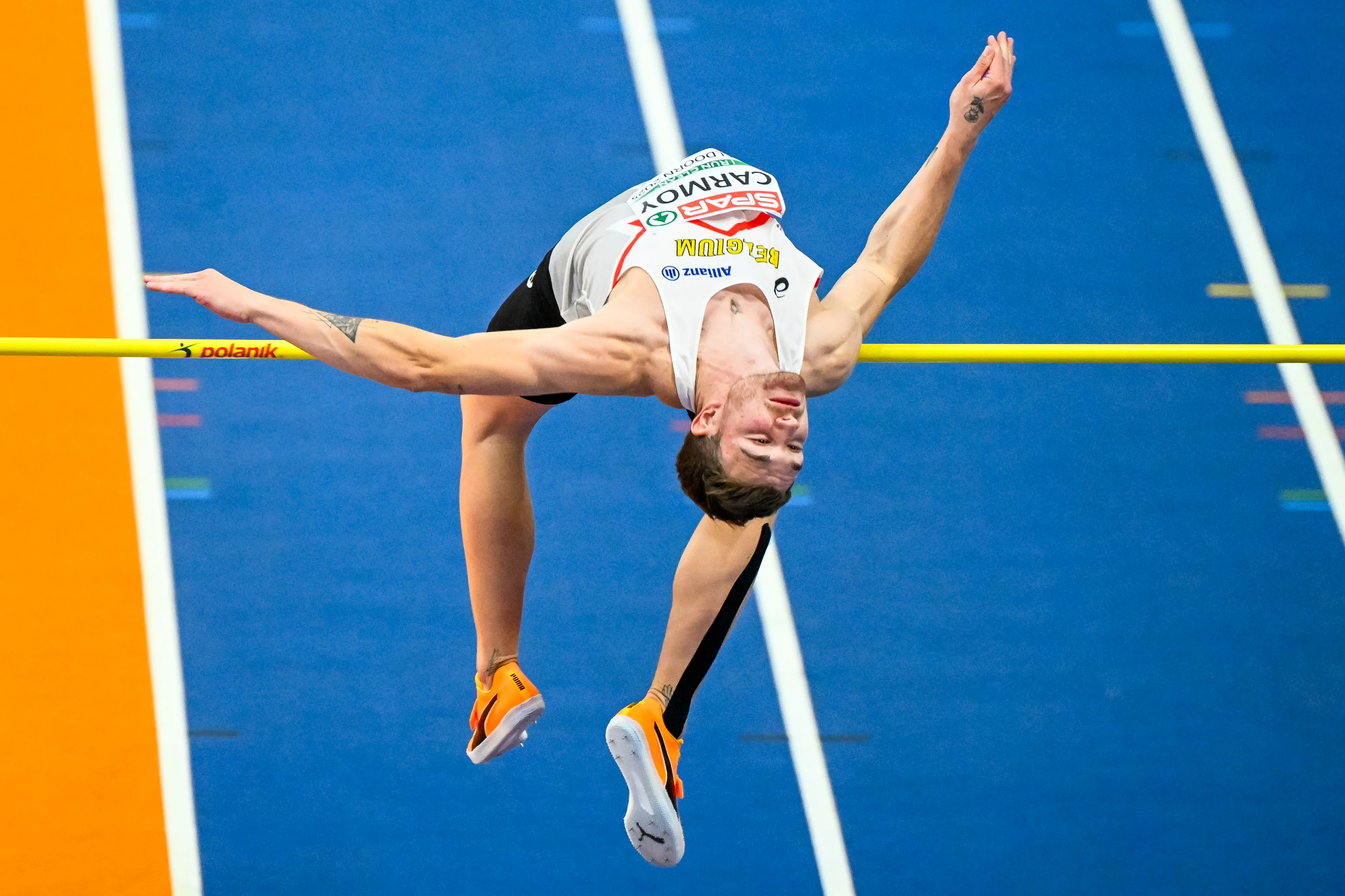 Belgian athlete Thomas Carmoy pictured in action during the high jump event, at the European Athletics Indoor Championships, in Apeldoorn, The Netherlands, Thursday 06 March 2025. The championships take place from 6 to 9 March. BELGA PHOTO ERIC LALMAND