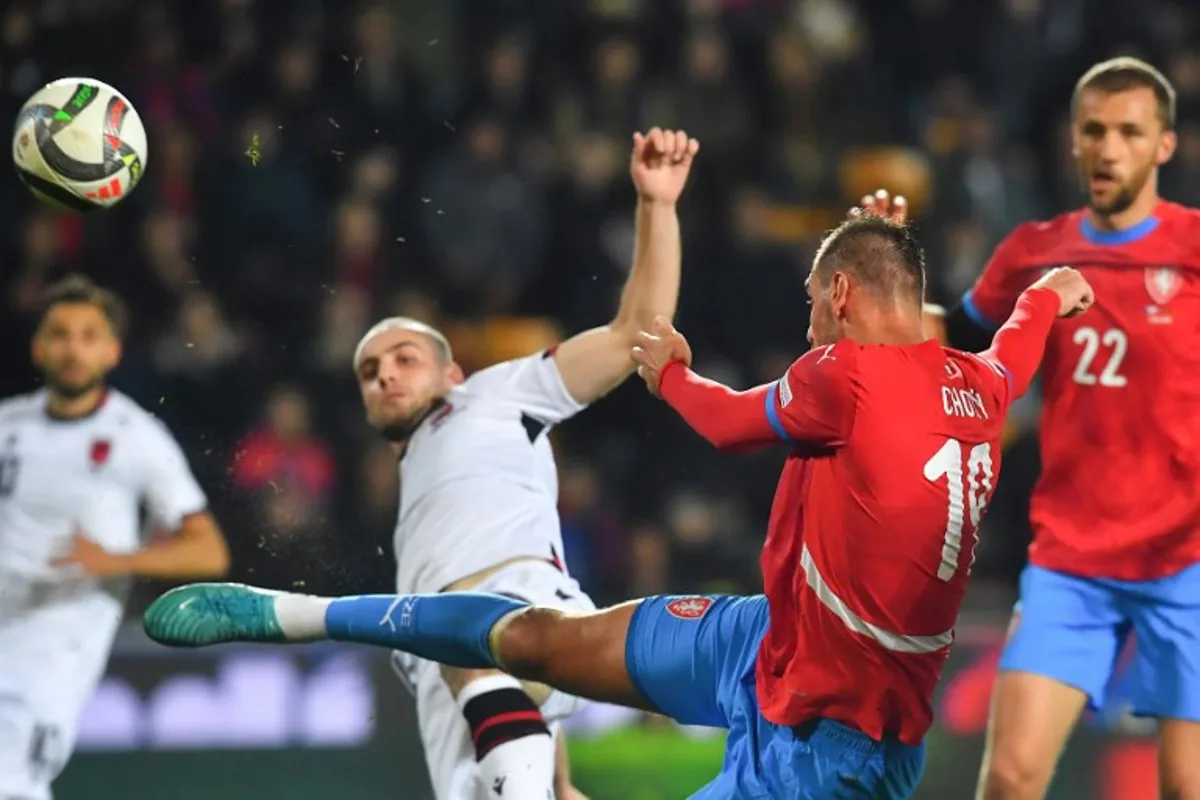 Czech Republic's forward #19 Tomas Chory kicks a ball during the UEFA Nations League, League B, Group B1 football match Czech Republic vs Albania in Prague, Czech Republic, on October 11, 2024.  Michal Cizek / AFP