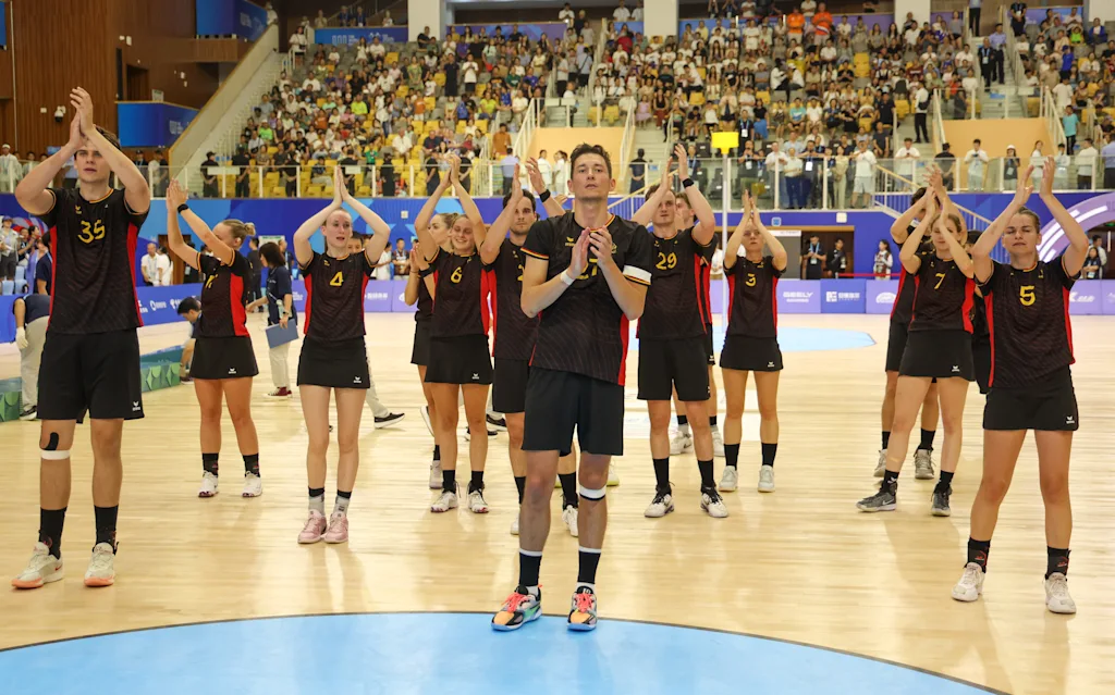 belgian team players pictured after a game against the Netherlands in the final of the Korfball competition of the World Games 2025, in Chenghdu, China, on Tuesday 12 August 2025. This year, the World Games take place from 07 to 17 augustus. BELGA PHOTO VIRGINIE LEFOUR