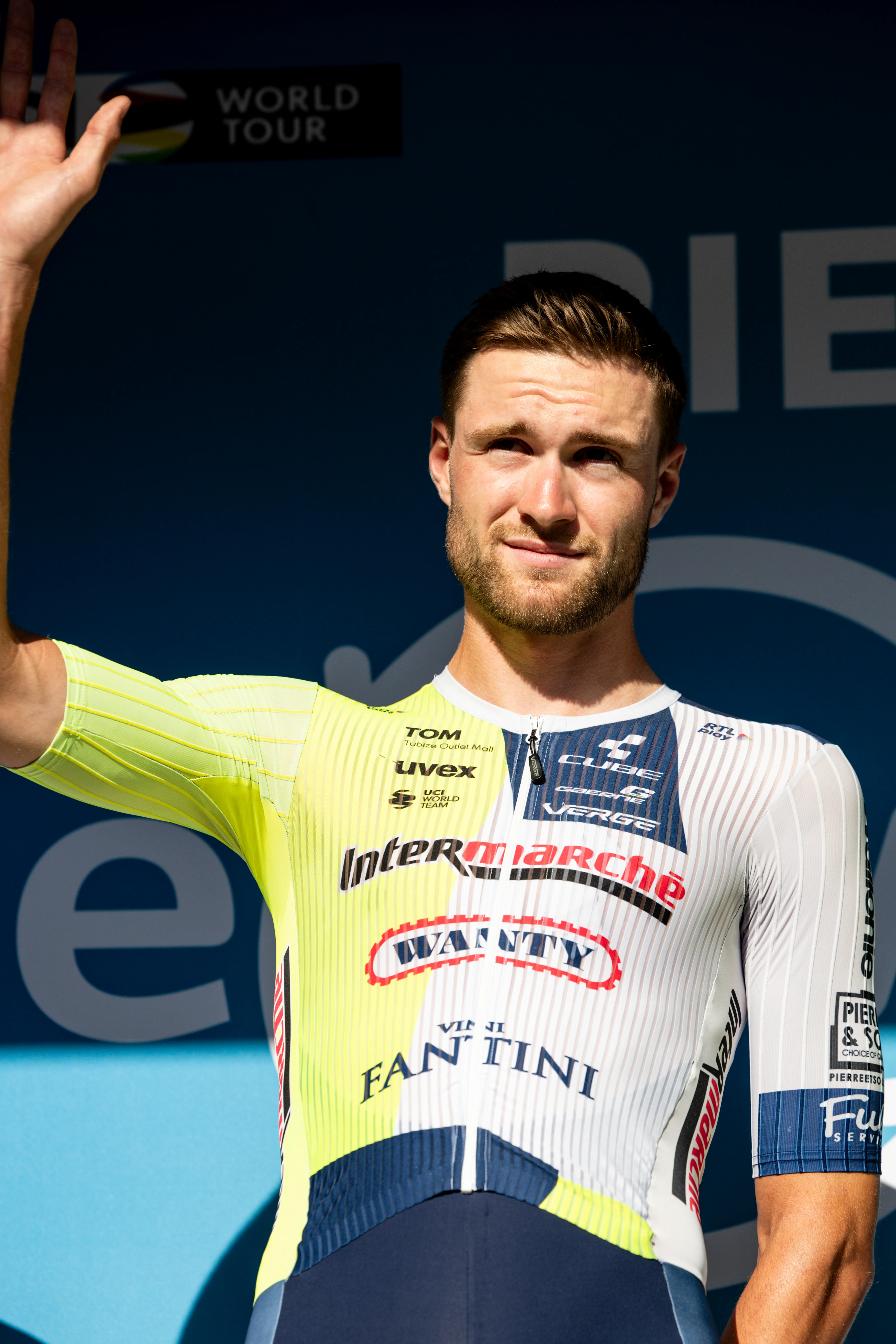 Belgian Laurenz Rex of Intermarche-Wanty pictured during the presentation of the teams ahead of the 'Renewi Tour' multi-stage cycling race starting tomorrow, on Tuesday 27 August 2024. The five-day race takes place in Belgium and the Netherlands.  BELGA PHOTO DAVID PINTENS