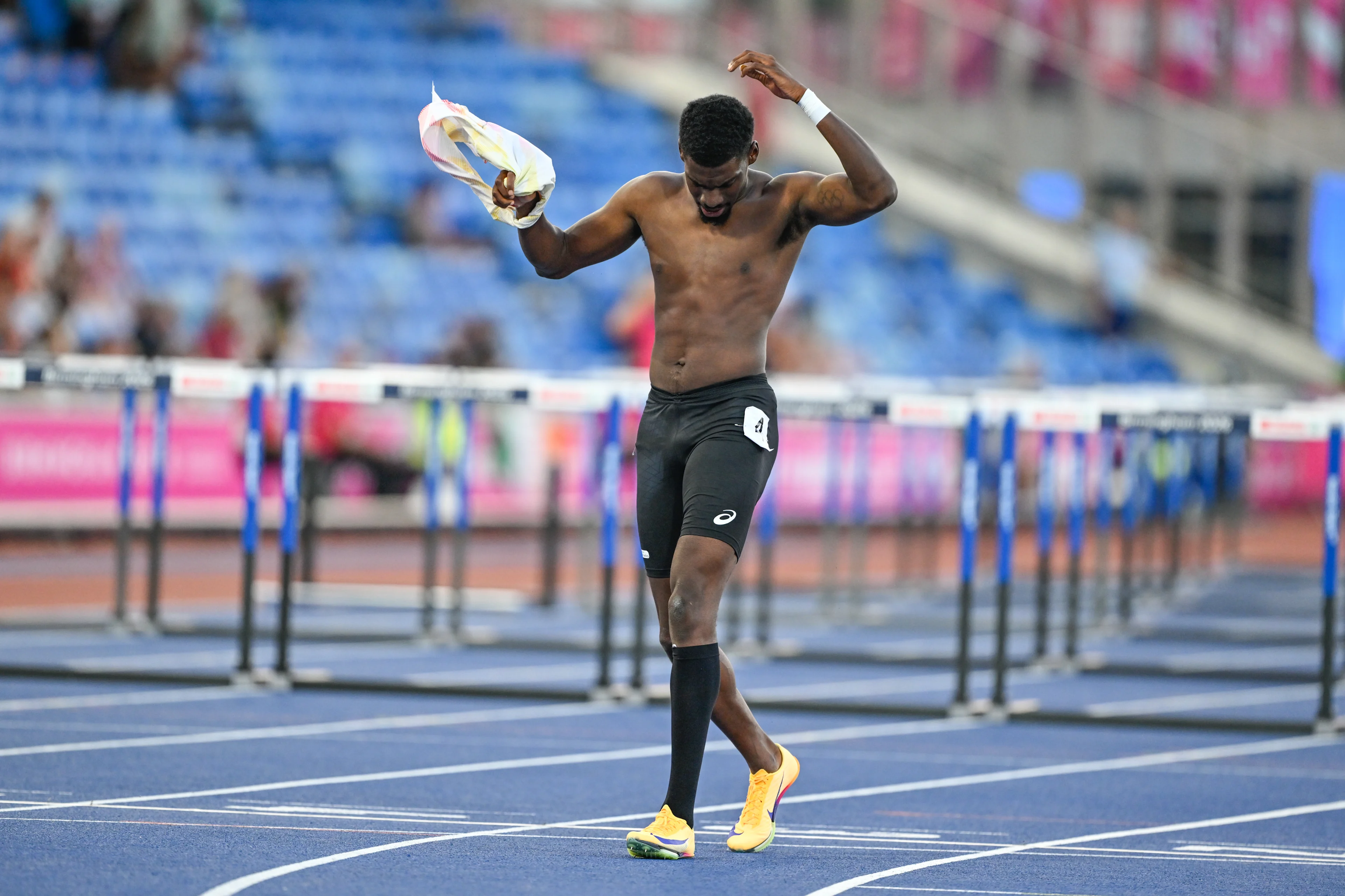 Belgium's Elie Bacari reacts during the semifinals of the Men 110m hurdles race, on the second day of the European Athletics Championships (August 10-18) in Birmingham, United Kingdom, on Wednesday 12 August 2026. BELGA PHOTO ERIC LALMAND
