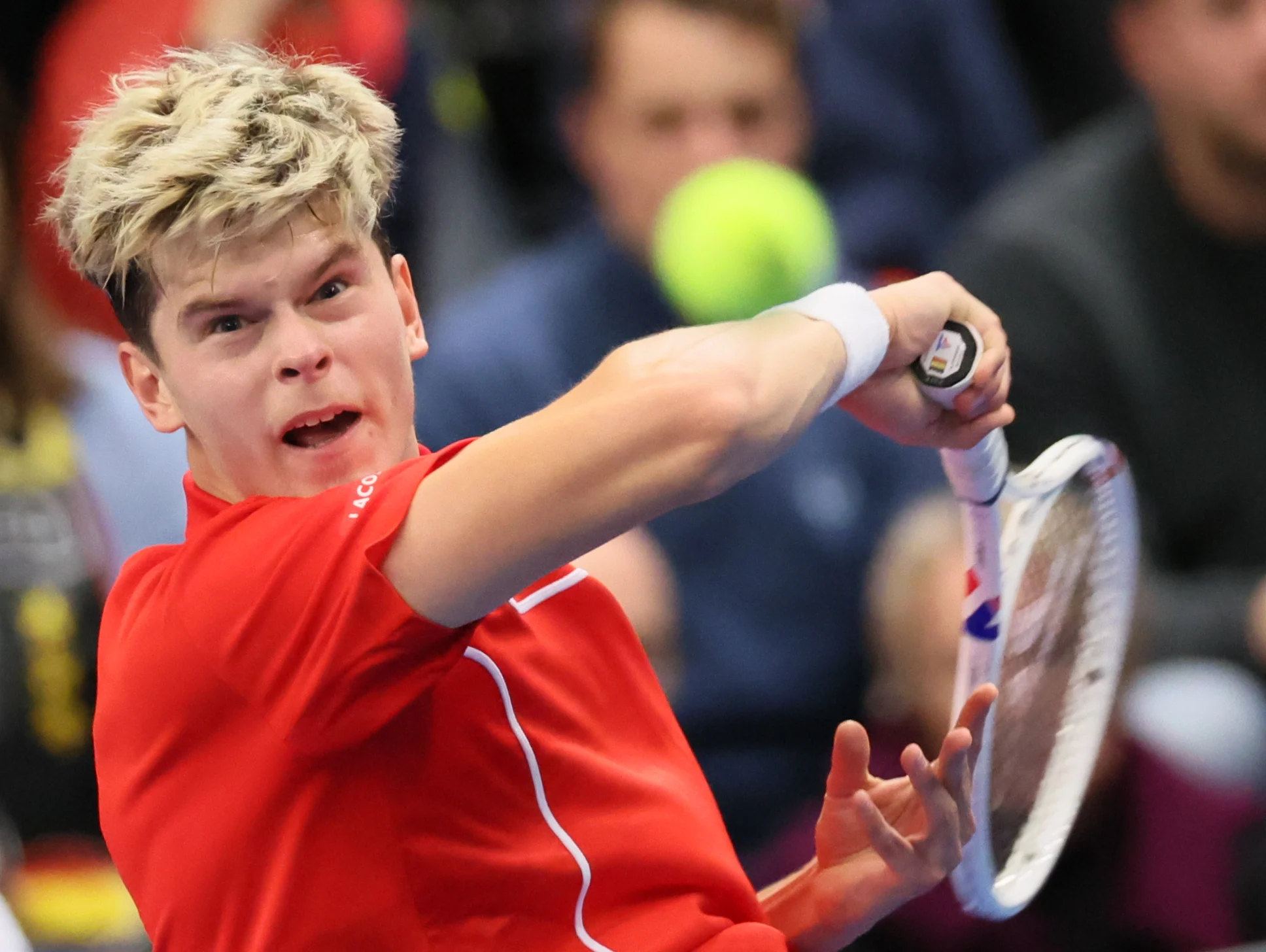 Belgian Alexander Blockx pictured during a game between Belgian Blockx and Chilean Garin, the second match in the Davis Cup qualifiers World Group tennis meeting between Belgium and Chile, Saturday 01 February 2025, in Hasselt. BELGA PHOTO BENOIT DOPPAGNE