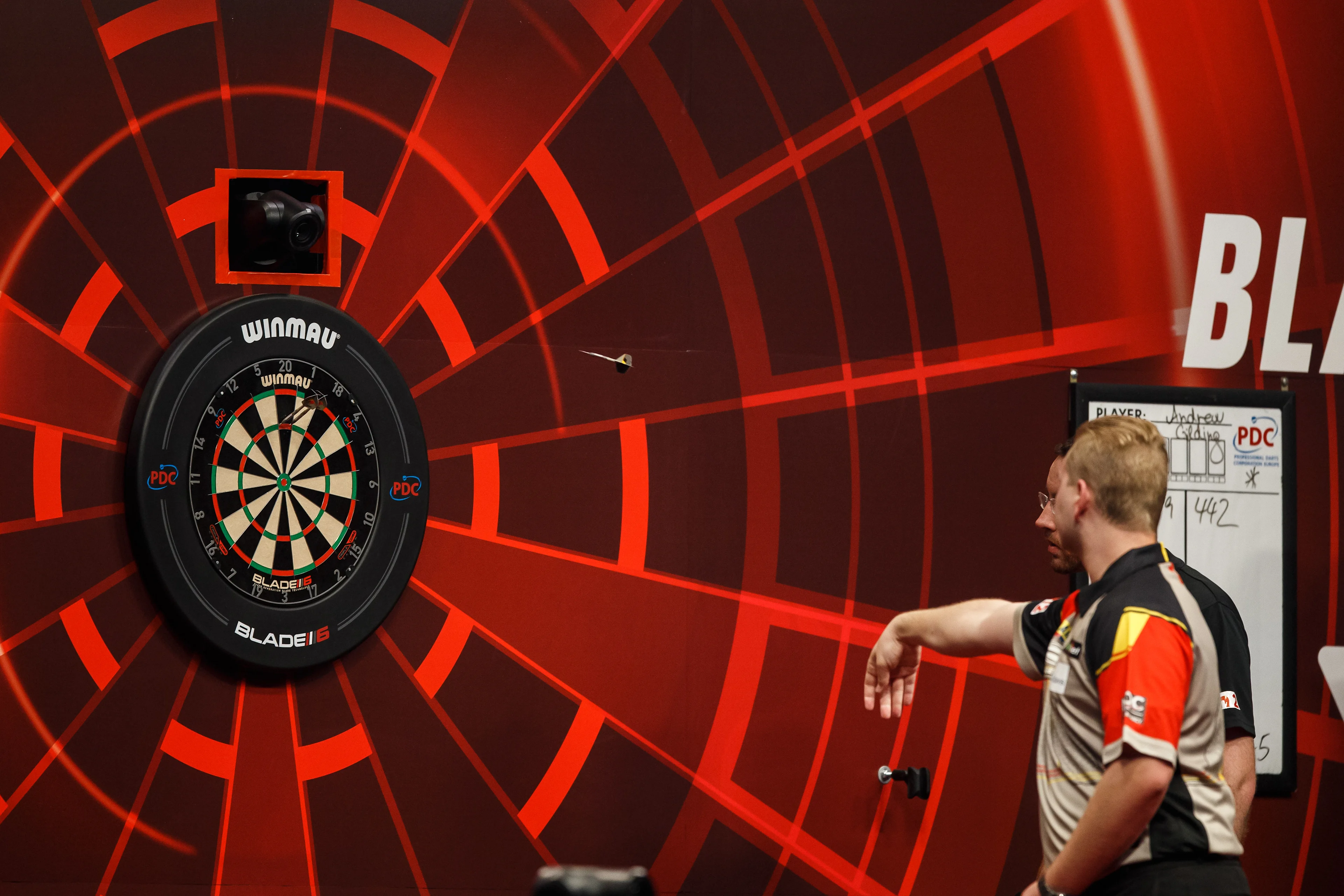 Belgian Dimitri Van den Bergh pictured in action during the second day of the Belgian Darts Open, a tournament in the European Tour that takes places from September 23 until September 25 in Wieze, Saturday 24 September 2022. BELGA PHOTO JEF MATTHEE