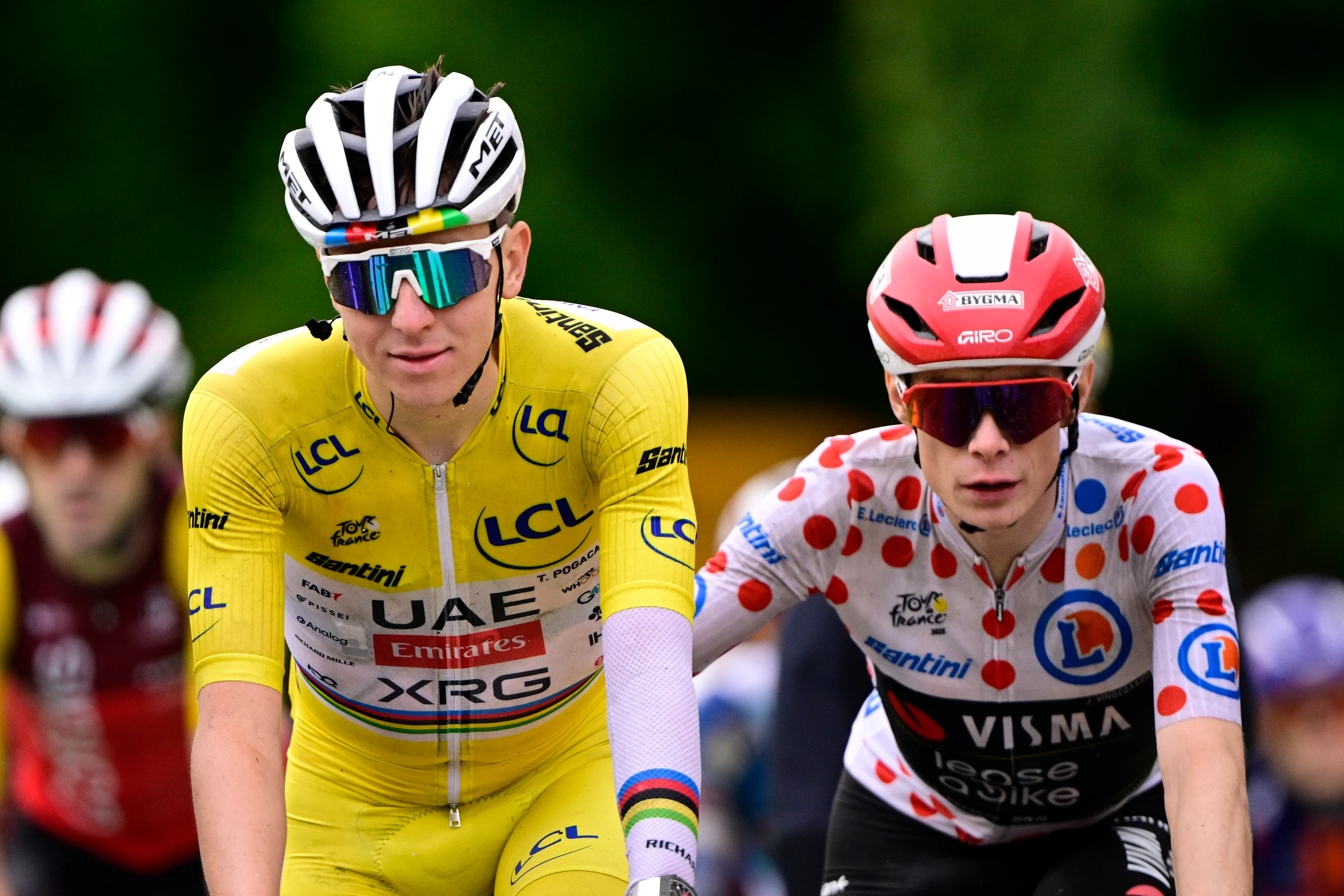 Slovenian Tadej Pogacar of UAE Team Emirates and Danish Jonas Vingegaard Hansen of Team Visma-Lease a Bike cross the finish line of stage 20 of the 2025 Tour de France cycling race, from Nantua to Montpellier (185km), on Saturday 26 July 2025 in France. The 112th edition of the Tour de France starts on Saturday 5 July in Lille, France, and will finish in Paris, France on the 27th of July.   BELGA PHOTO DIRK WAEM