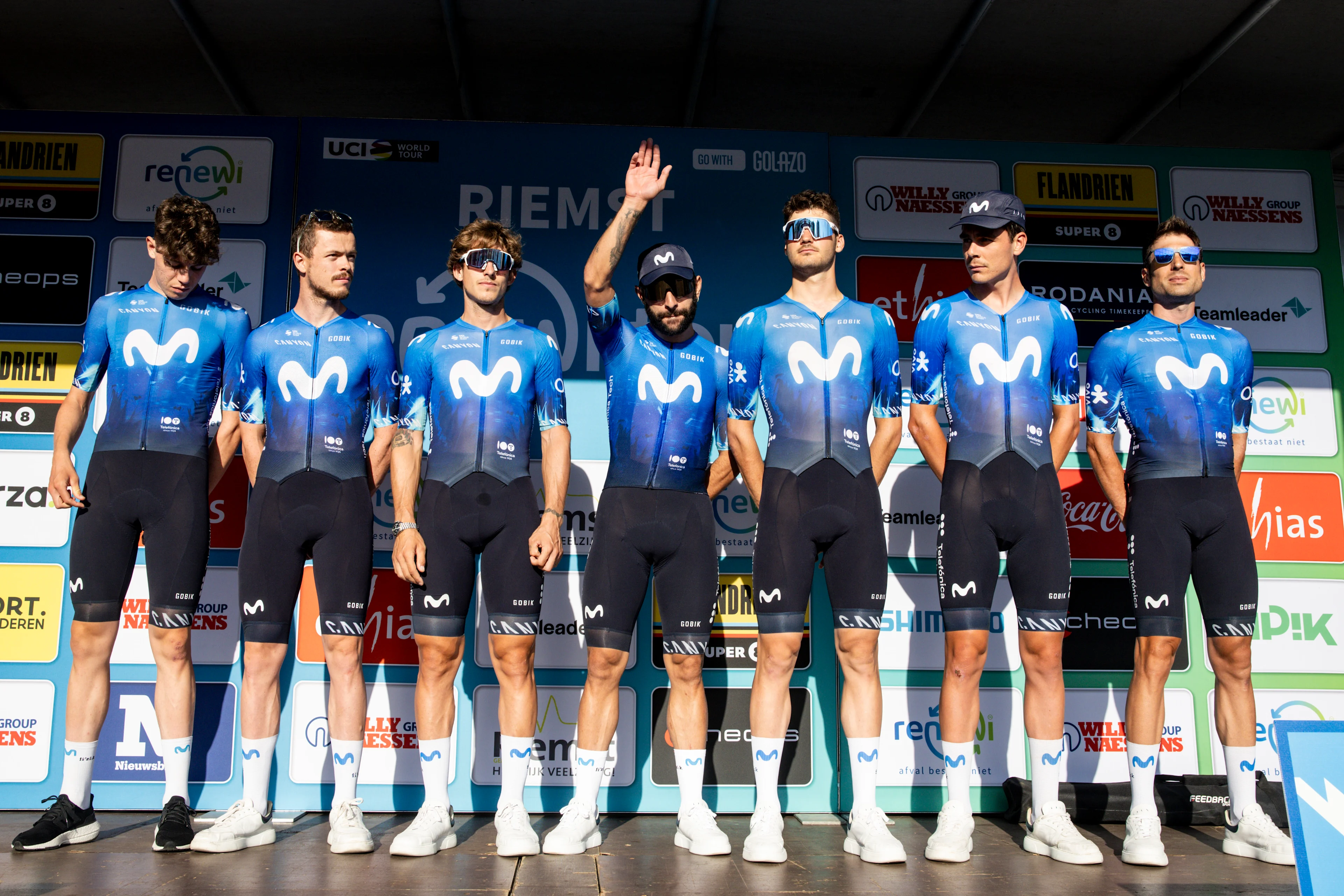 Movistar Team riders pictured during the presentation of the teams ahead of the 'Renewi Tour' multi-stage cycling race starting tomorrow, on Tuesday 27 August 2024. The five-day race takes place in Belgium and the Netherlands.  BELGA PHOTO DAVID PINTENS