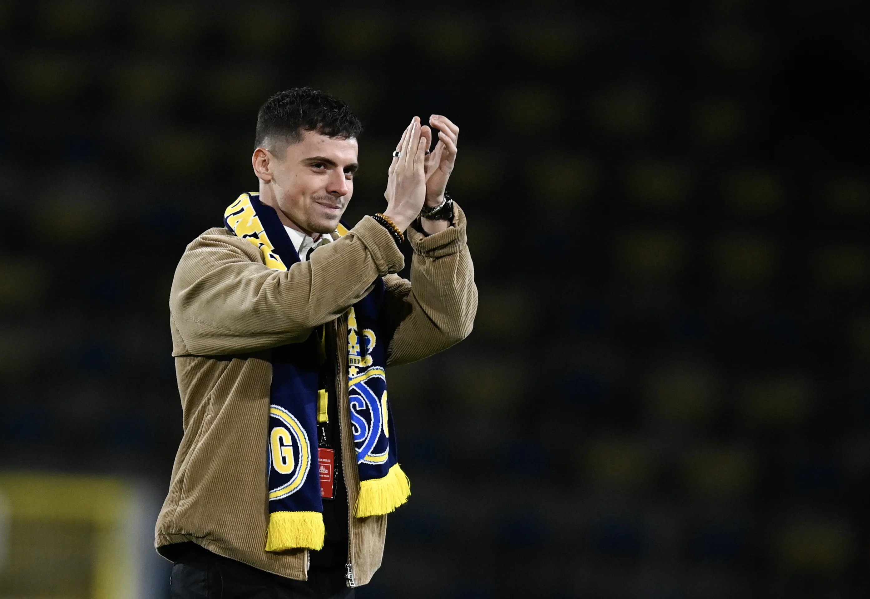 Former Union player, Dante Vanzeir pictured at the start of a soccer match between Royale Union Saint-Gilloise RUSG and SV Zulte Waregem, Sunday 05 February 2023 in Brussels, on day 24 of the 2022-2023 'Jupiler Pro League' first division of the Belgian championship. BELGA PHOTO JOHN THYS