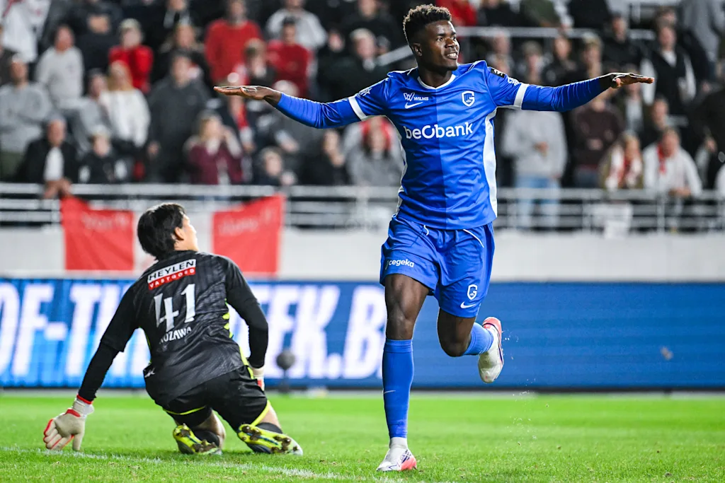 Genk's Aaron Bibout Banind celebrates after scoring during a soccer match between Royal Antwerp FC and KRC Genk, Saturday 22 August 2026 in Antwerp, on day 3 of the 2026-2027 'Jupiler Pro League' first division of the Belgian championship. BELGA PHOTO TOM GOYVAERTS