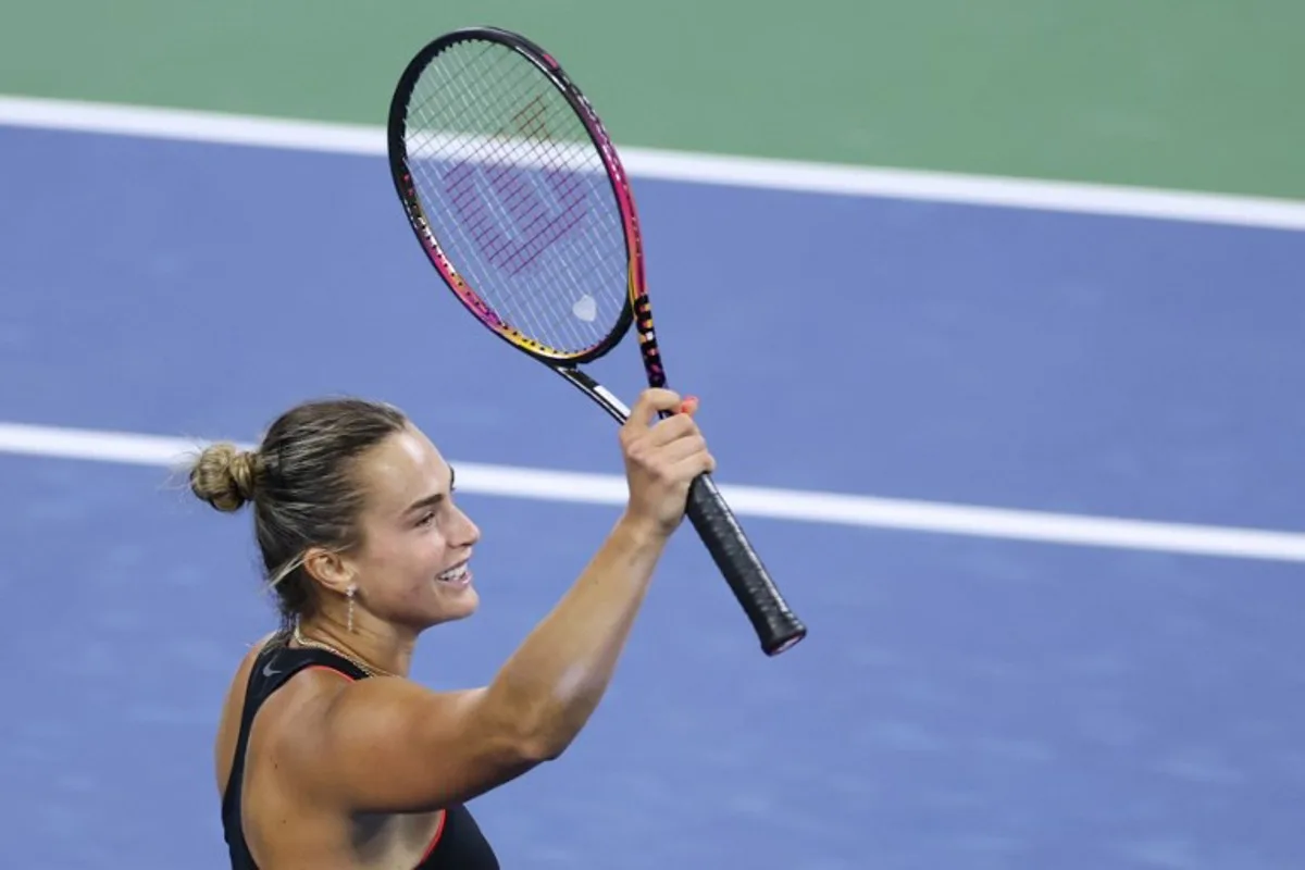 Belarus's Aryna Sabalenka celebrates after winning her women's singles third round tennis match against Canada's Leylah Fernandez on day six of the US Open tennis tournament at the USTA Billie Jean King National Tennis Center in New York City, on August 29, 2025. CHARLY TRIBALLEAU / AFP